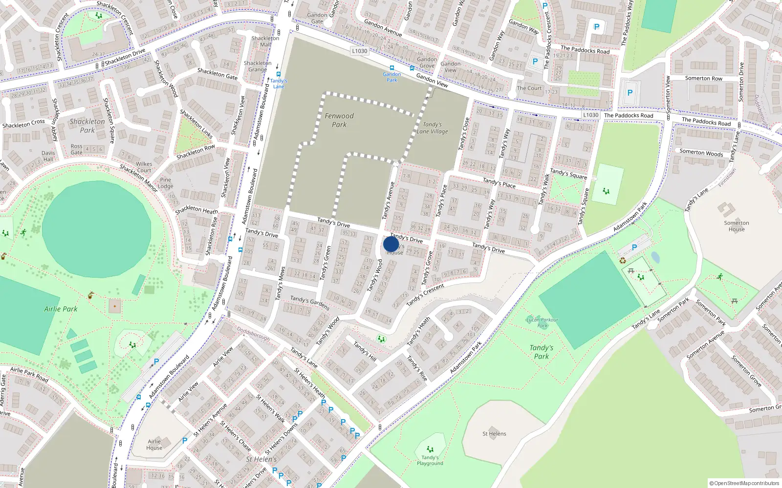 Overhead map showing the location of 15 Tandy's Lane, Lucan