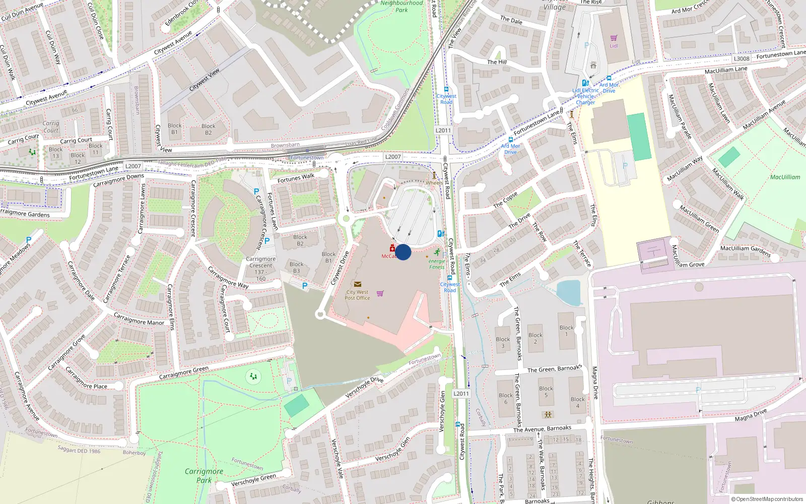 Overhead map showing the location of 1-19 the Pines (inclusive) and, Citywest Road, Citywest