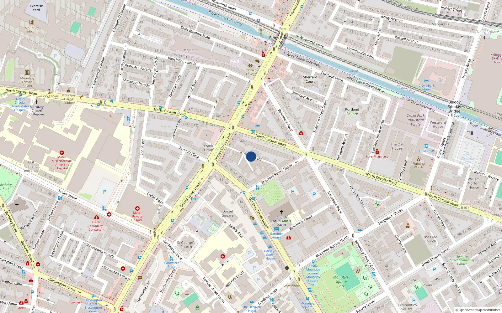 Overhead map showing the location of 2 Dorset Lane, Dublin 1