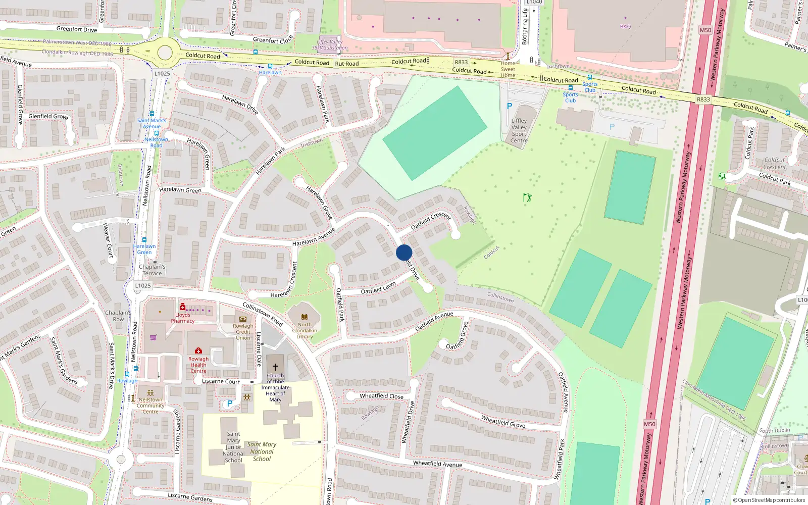 Overhead map showing the location of 2 Oatfield Drive, Clondalkin