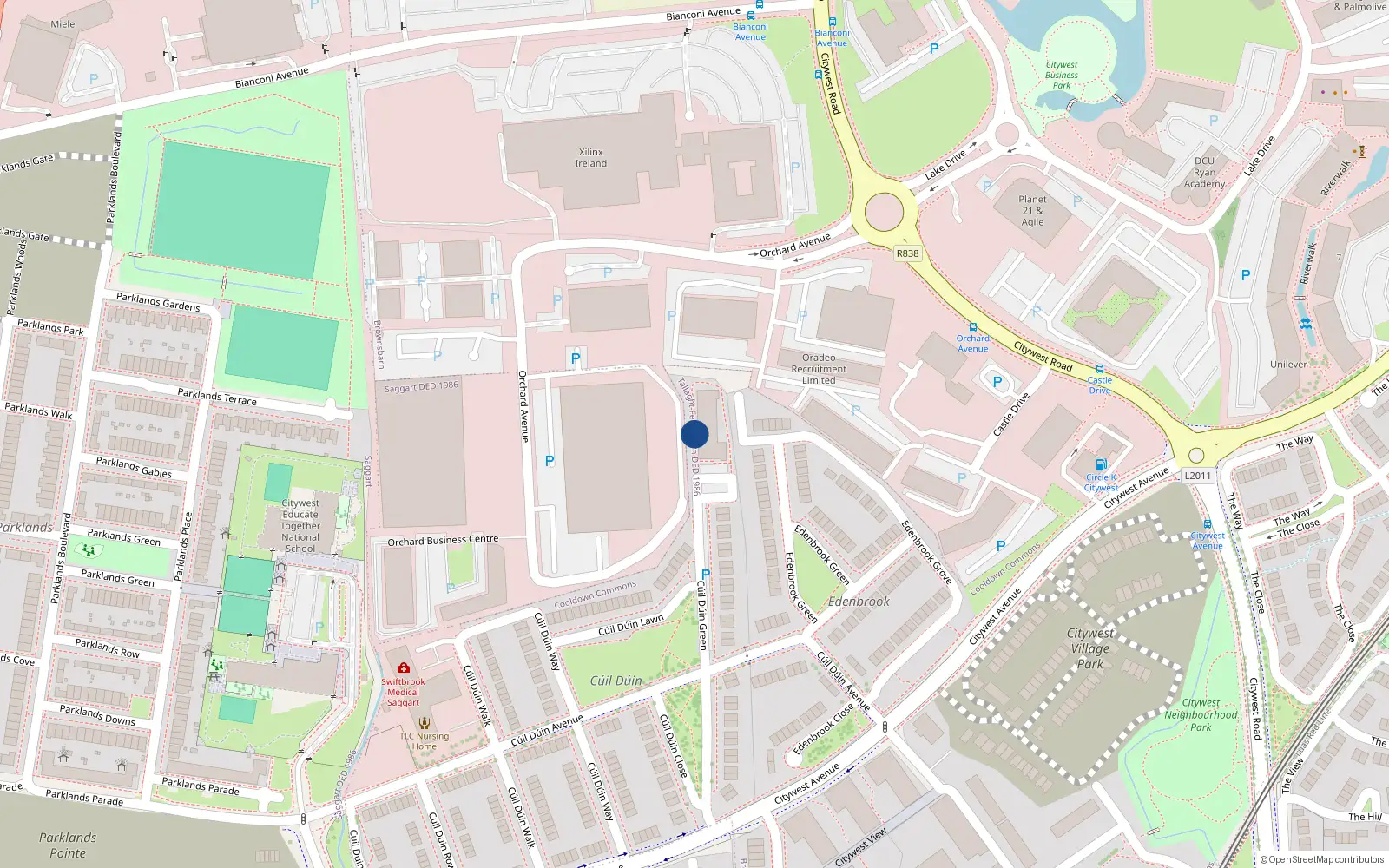 Overhead map showing the location of 1-24 Cúil Duin Green, Baile Átha Cliath