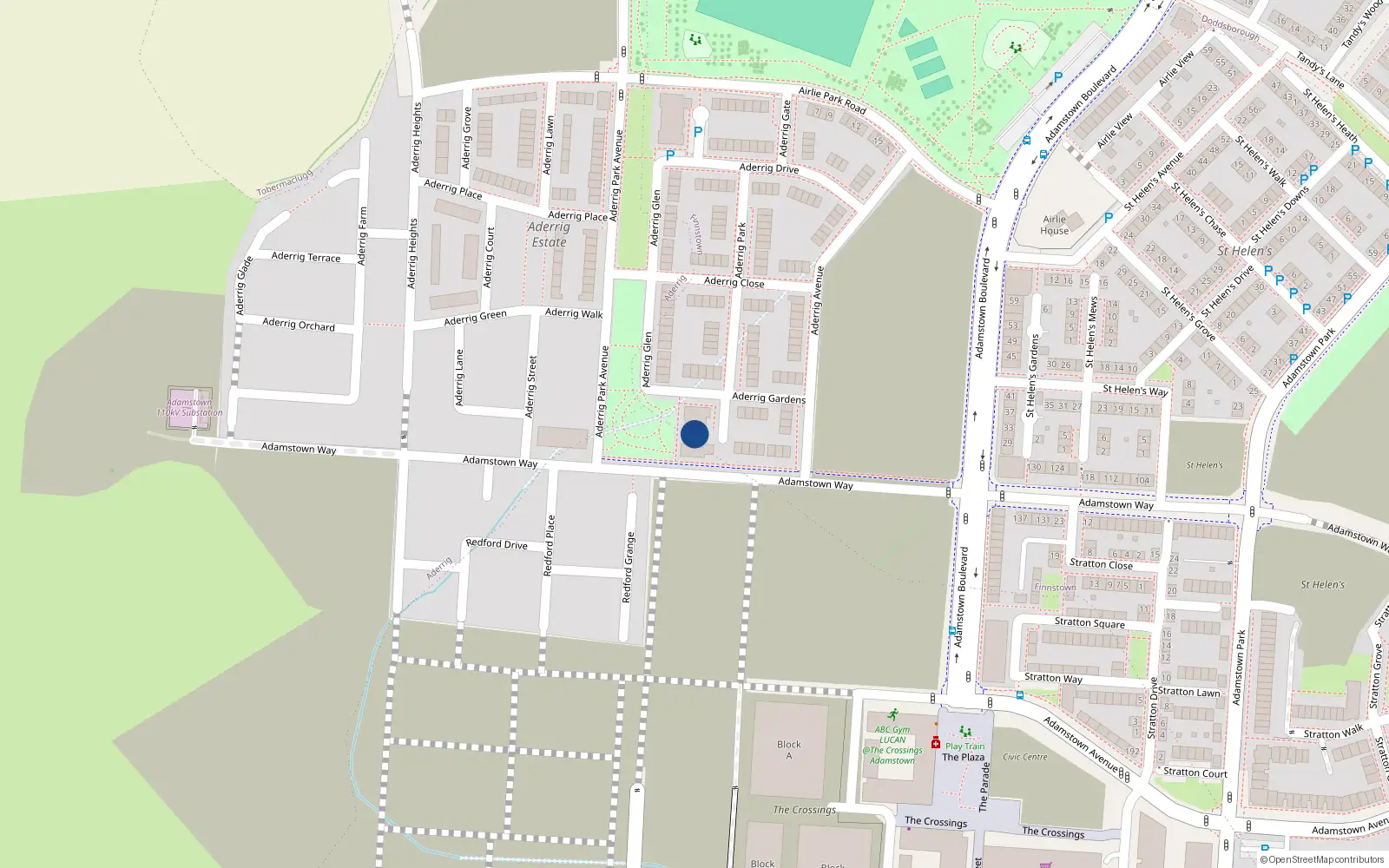 Overhead map showing the location of 1 - 38 Aderrig Square, Adamstown, Lucan