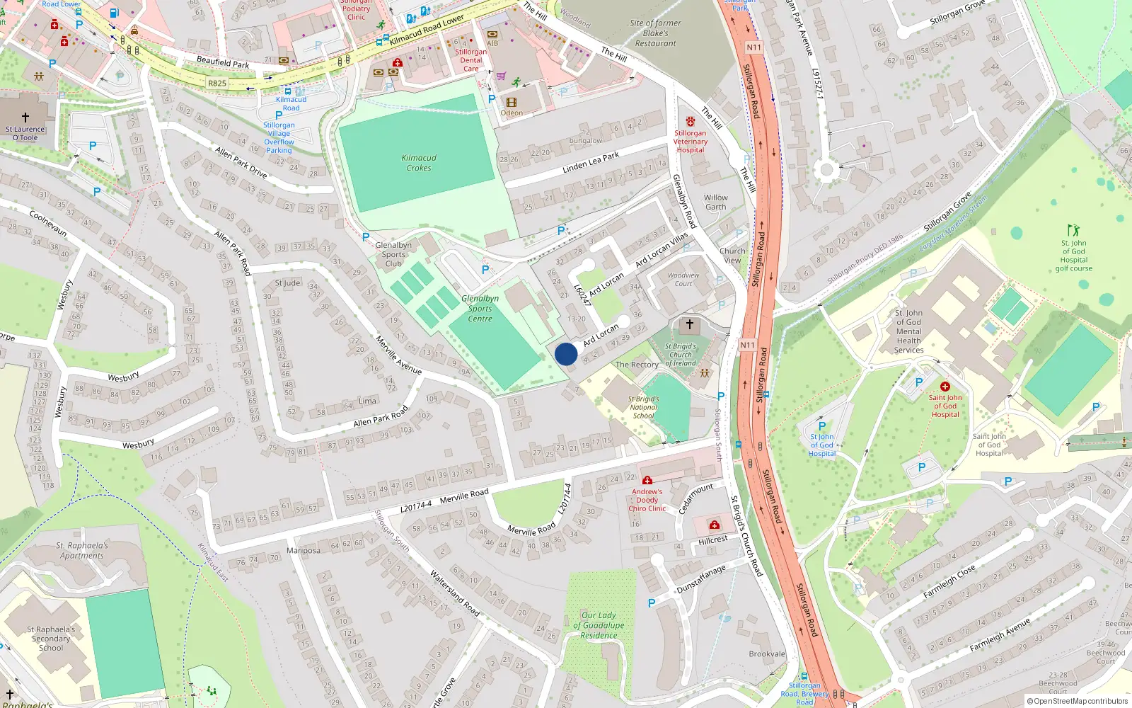 Overhead map showing the location of 1-5 Ard Lorcain Grove, 7 & 8 Ard Lorcain Villas, Stillorgan