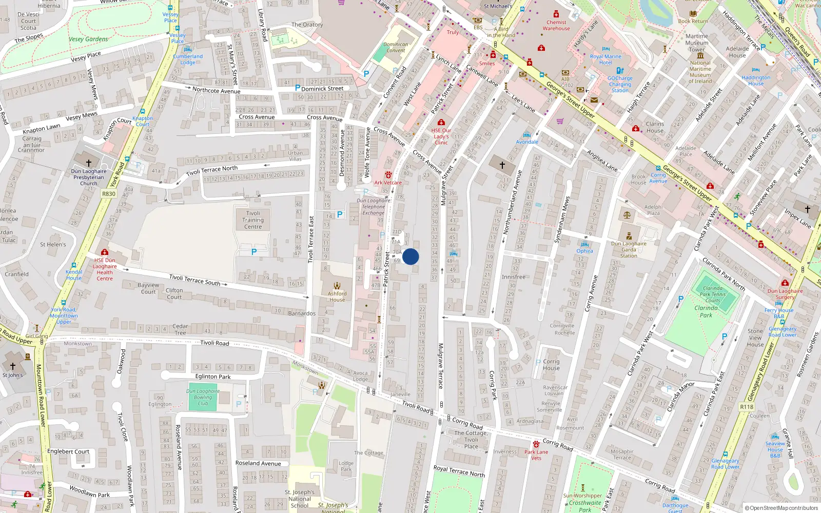 Overhead map showing the location of 1-6 Patrick Street, Dun Laoghaire