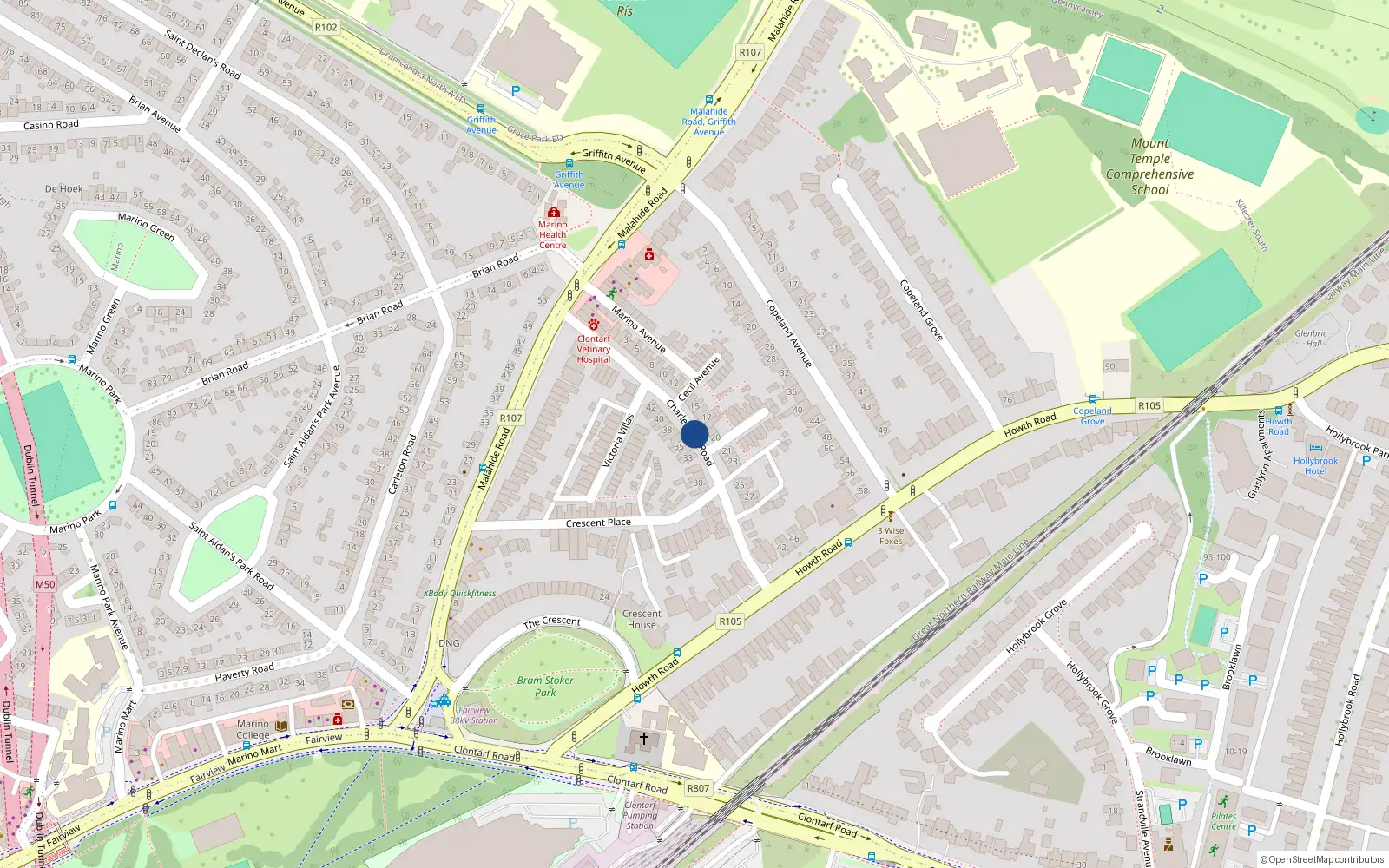 Overhead map showing the location of 1-6 Winstonville, Charlemont Road, Clontarf