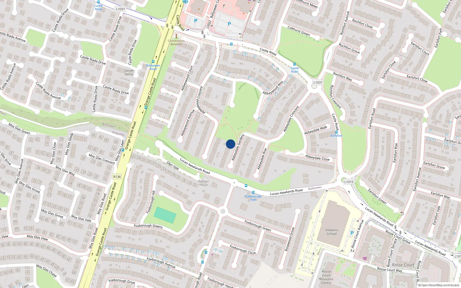 Overhead map showing the location of 1 Abbeydale Gardens, Lucan