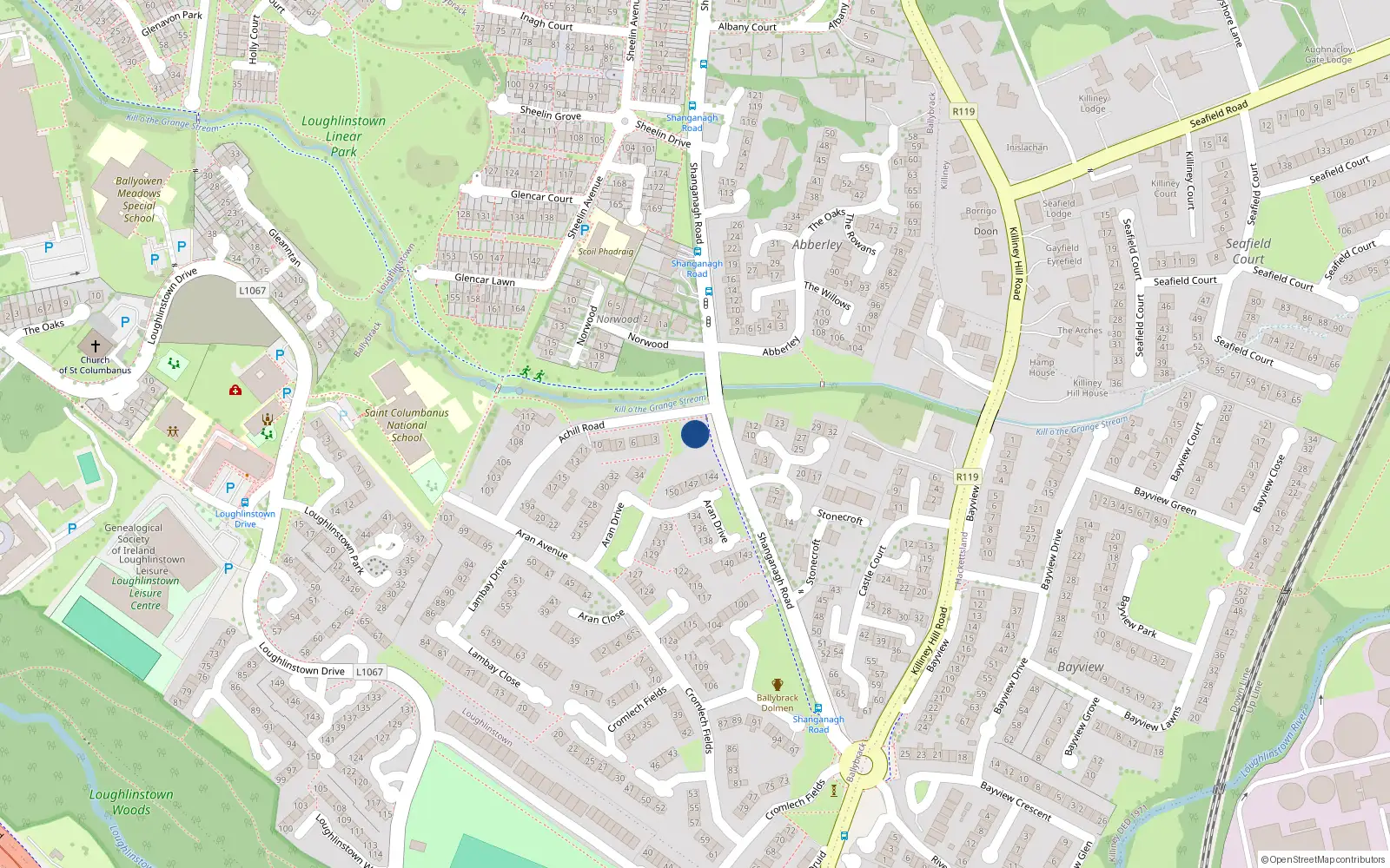 Overhead map showing the location of 1 Achill Road, Ballybrack, Dublin