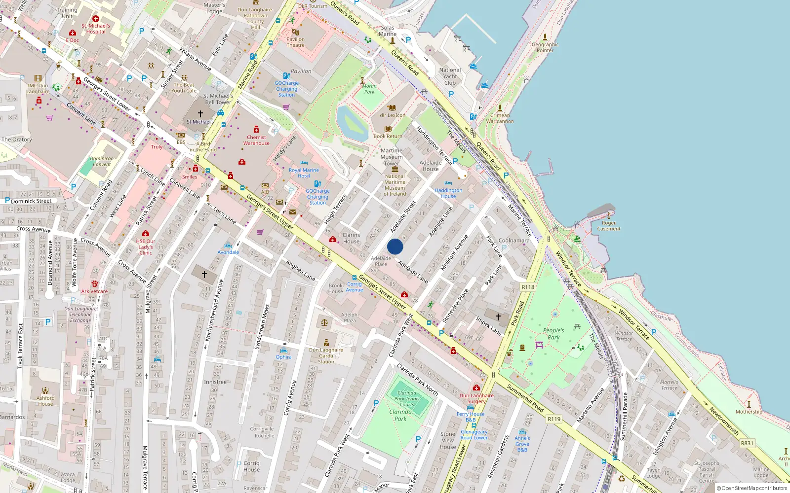 Overhead map showing the location of 1 Adelaide Street, Dublin
