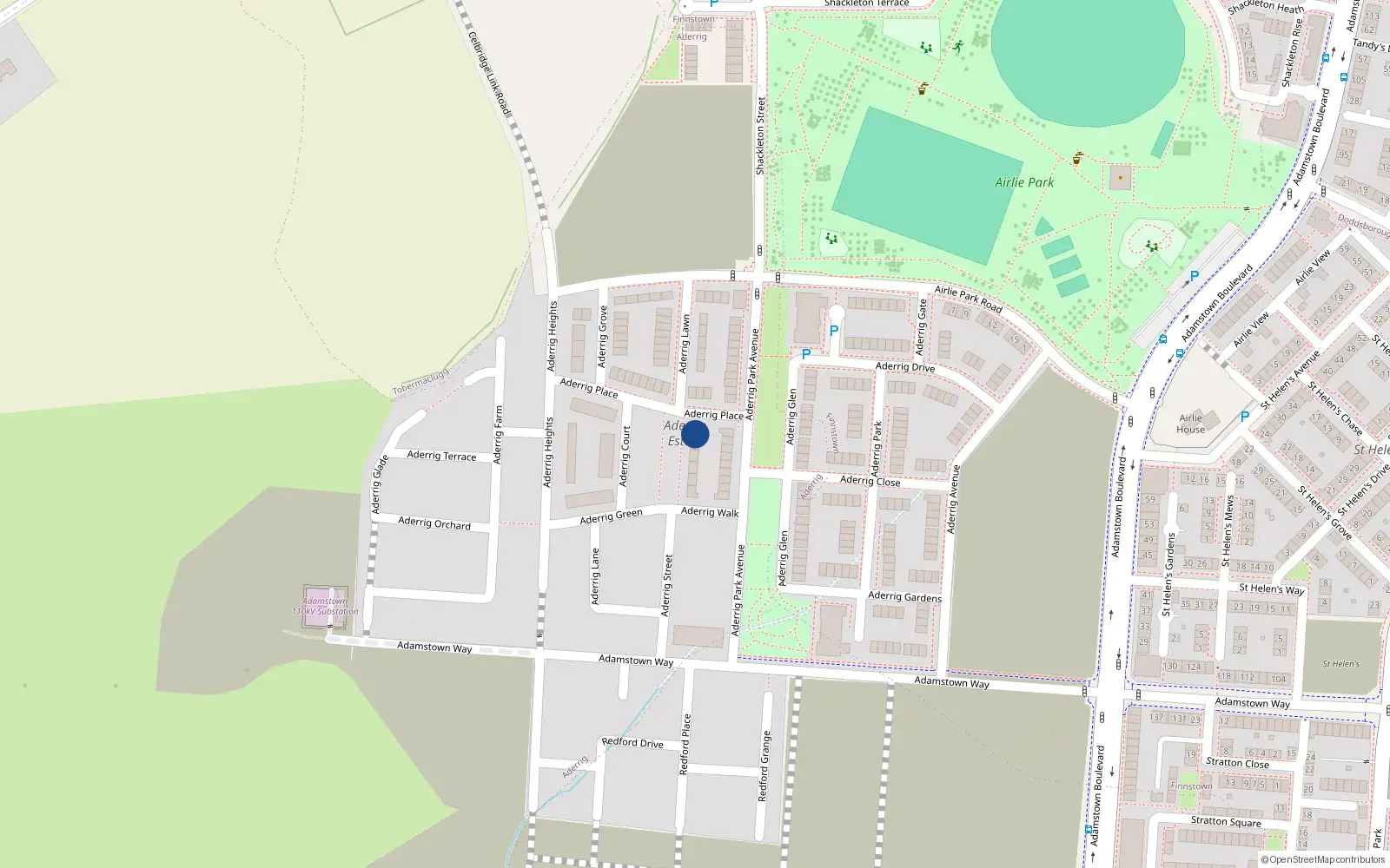 Overhead map showing the location of 1 Aderrig Green, Lucan