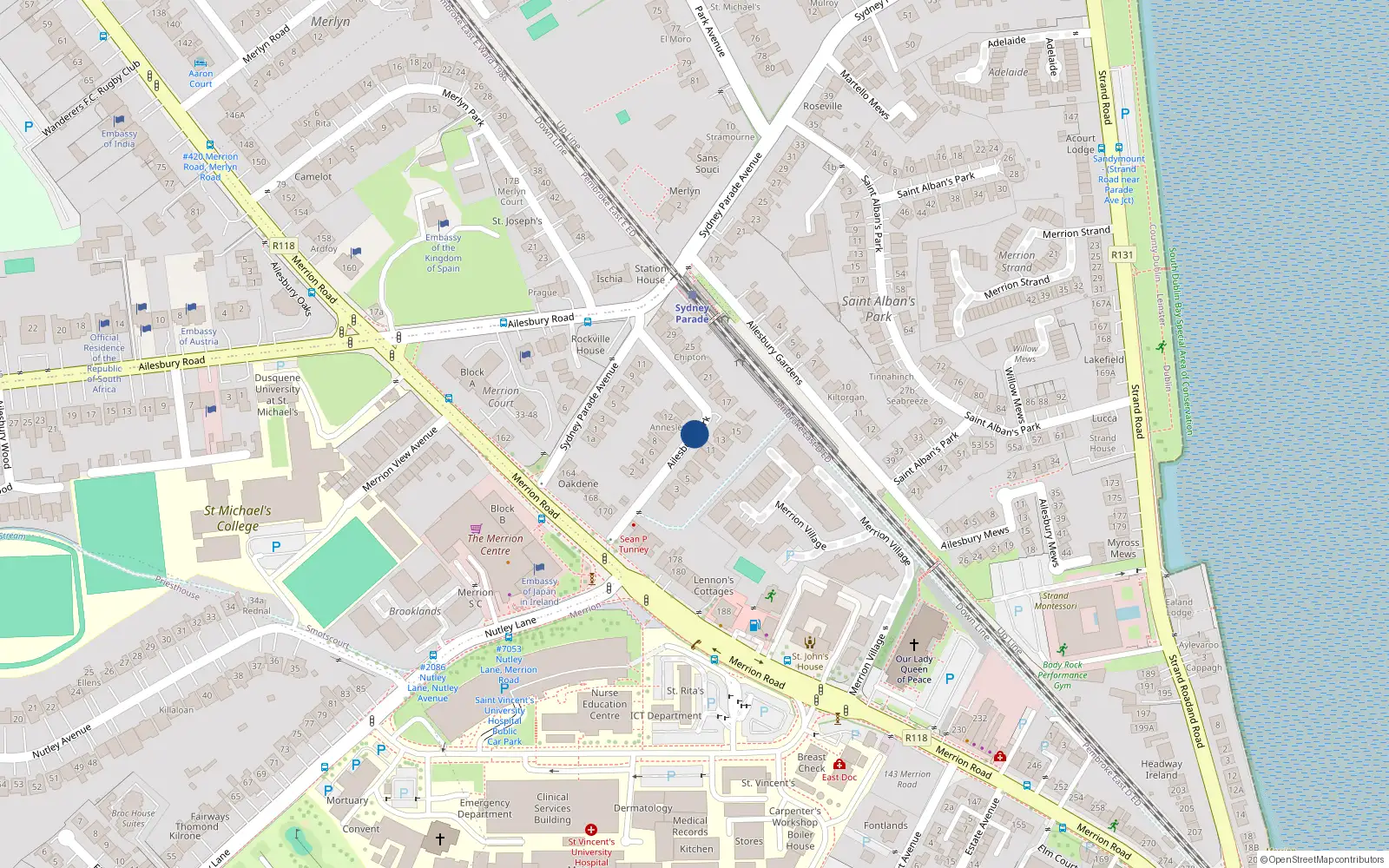 Overhead map showing the location of 1 Ailesbury Park, Merrion