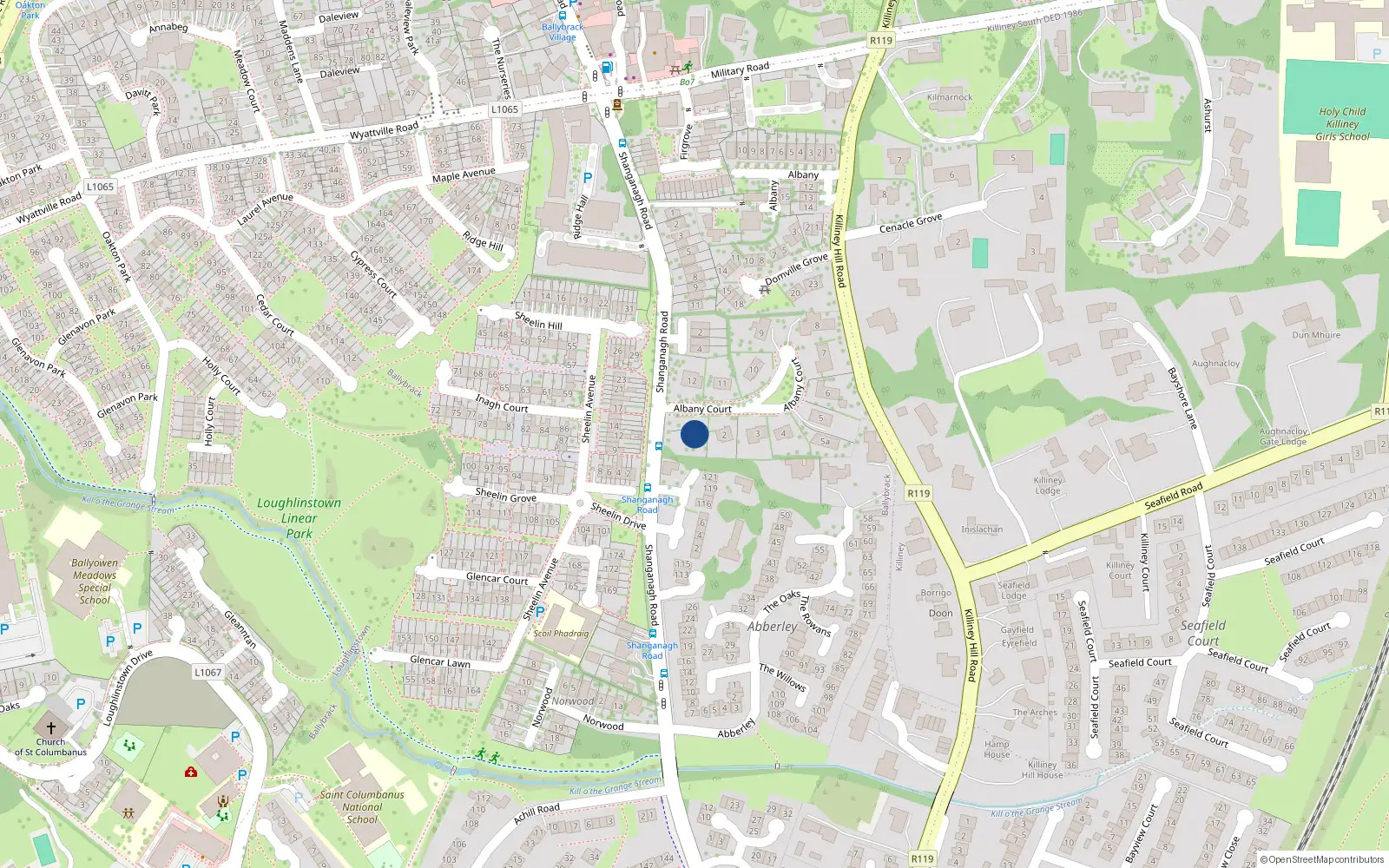 Overhead map showing the location of 1 Albany Court, Killiney
