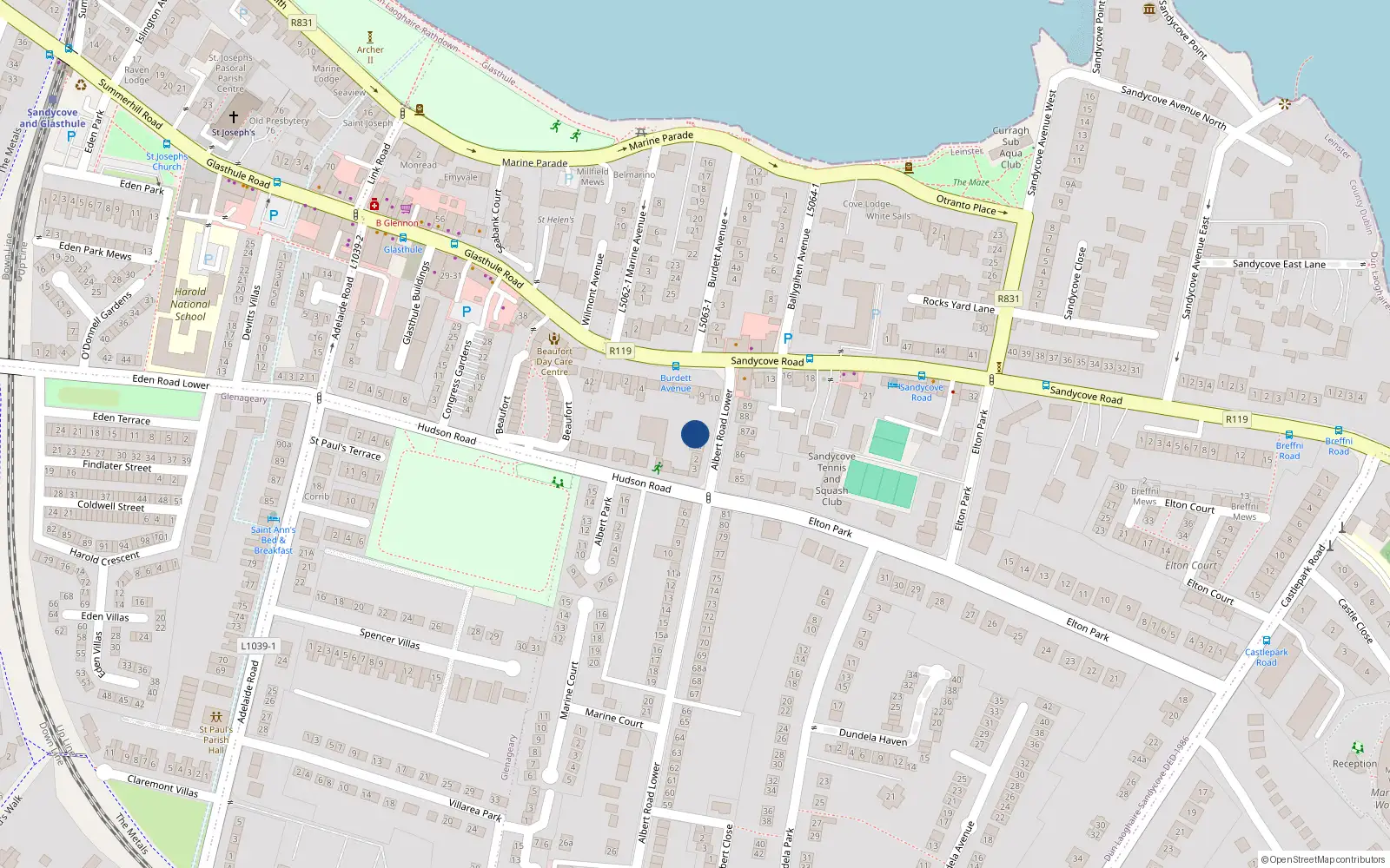 Overhead map showing the location of 1 Albert Road Lower, Dublin
