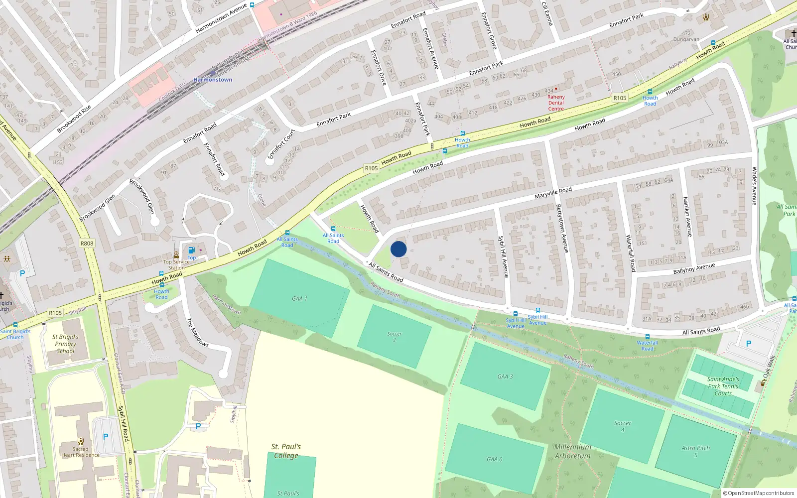 Overhead map showing the location of 1 All Saints Road, Raheny, Dublin 5