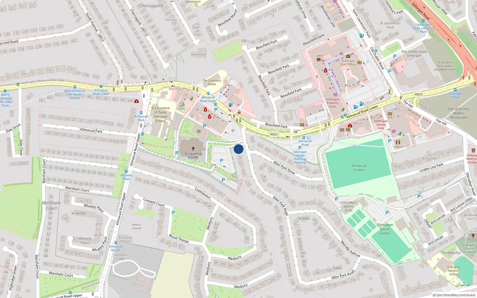 Overhead map showing the location of 1 Allen Park Road, Stillorgan