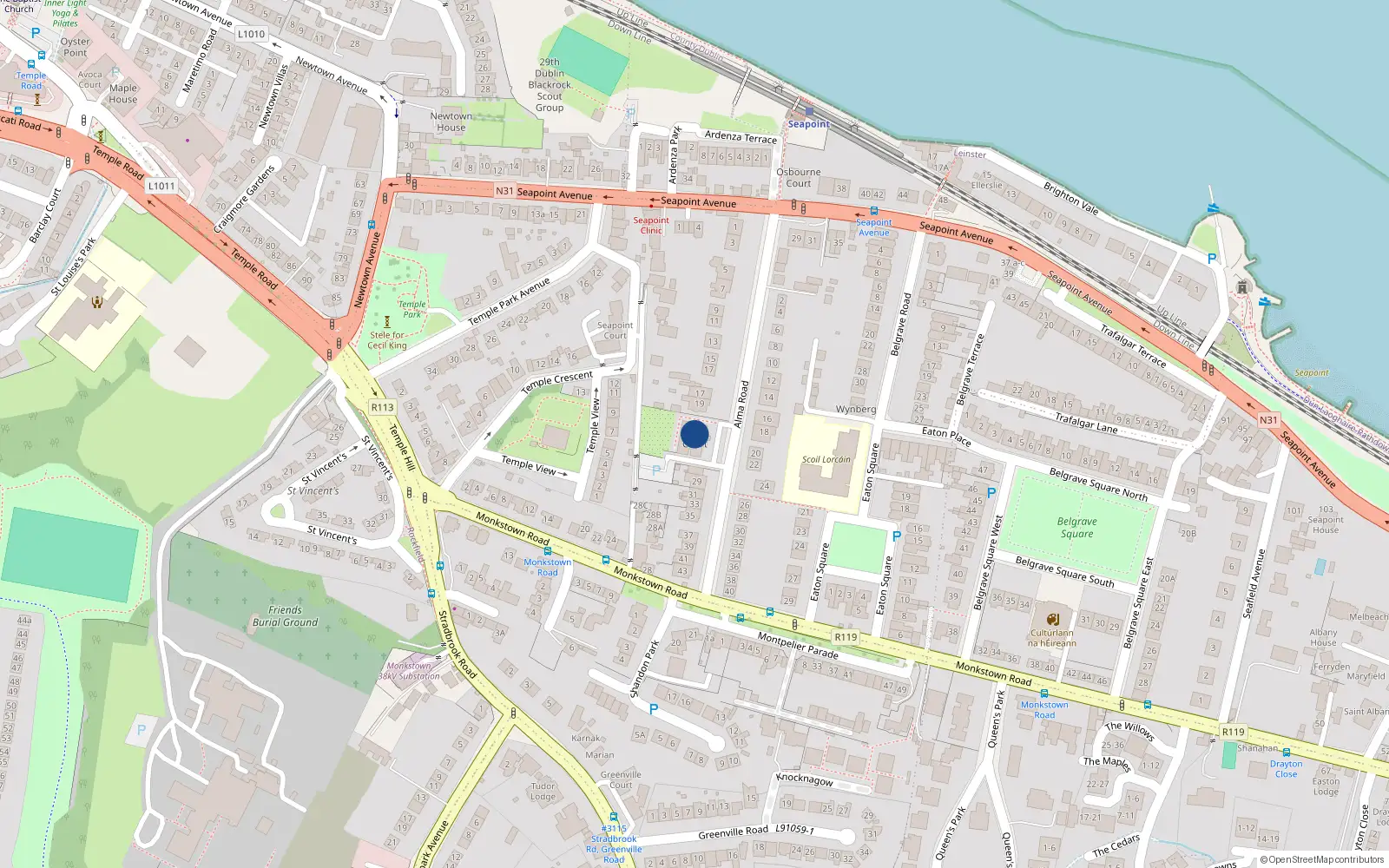 Overhead map showing the location of 1 Alma Road, Monkstown