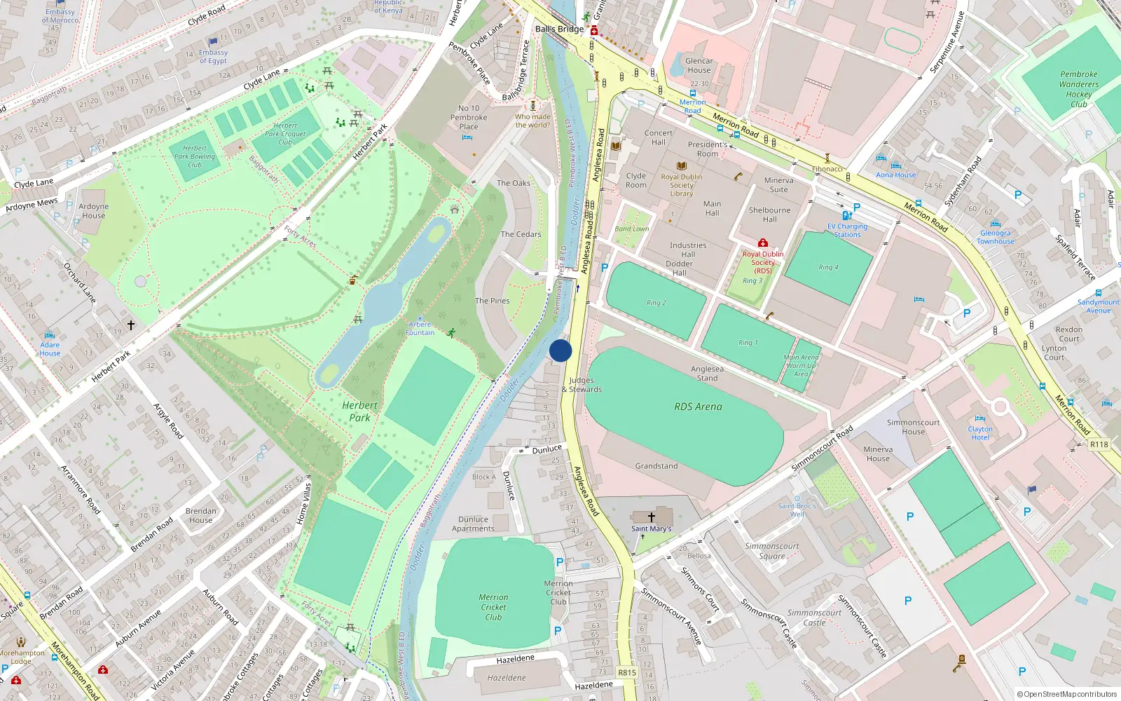 Overhead map showing the location of 1 Anglesea Road, Ballsbridge