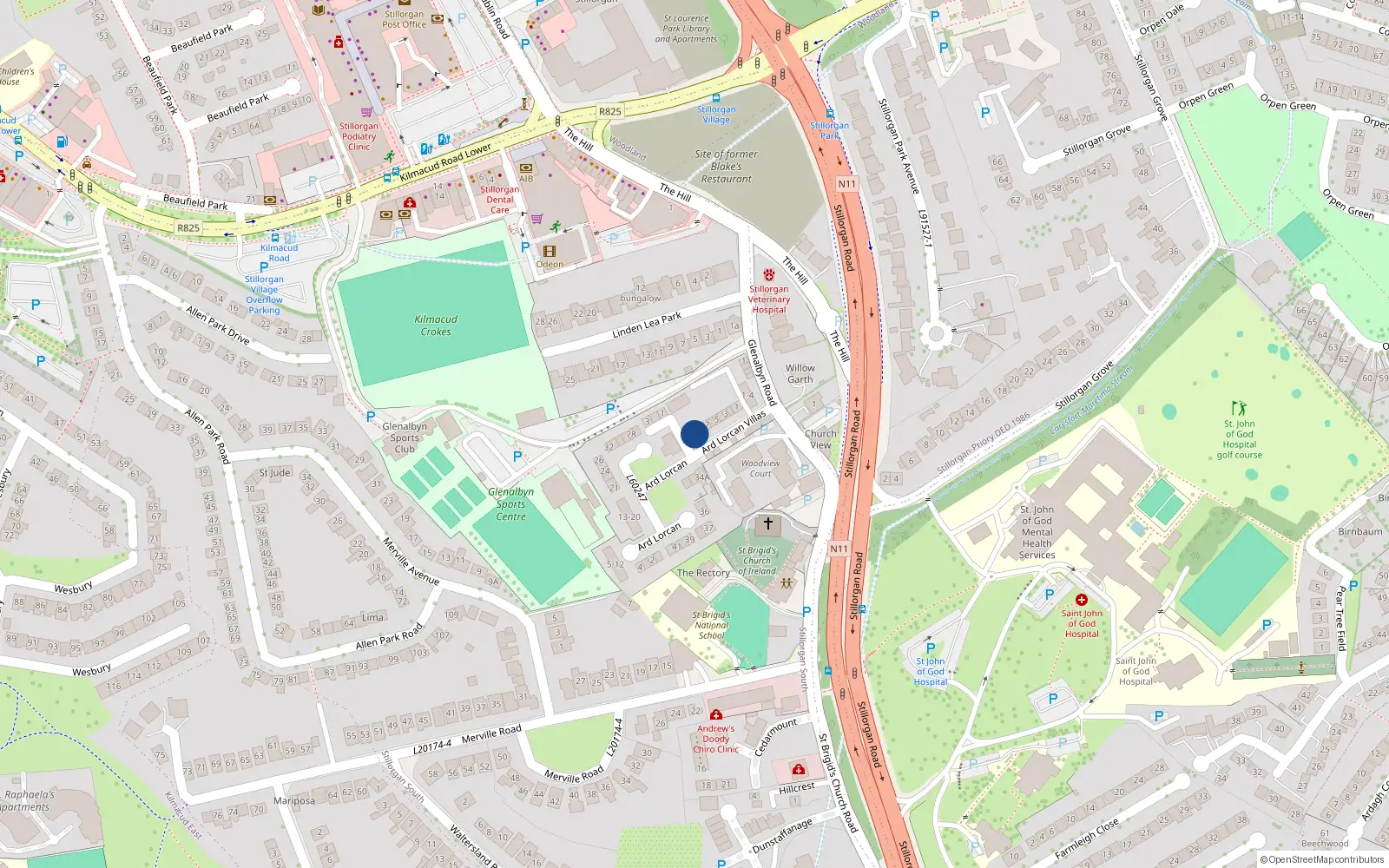 Overhead map showing the location of 1 Ard Lorcain Grove, Stillorgan, Dublin