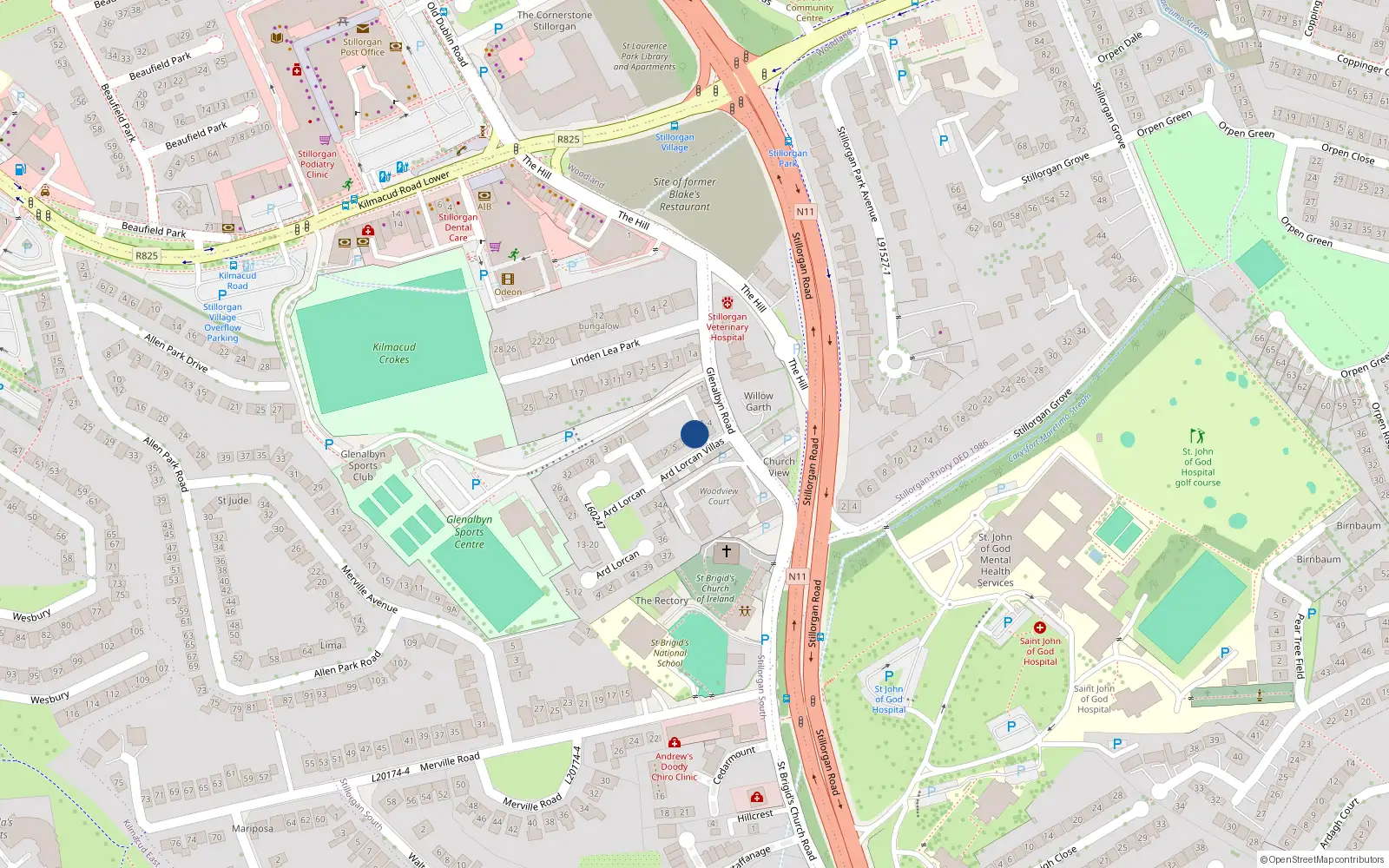 Overhead map showing the location of 1 Árd Lorcain, Dublin