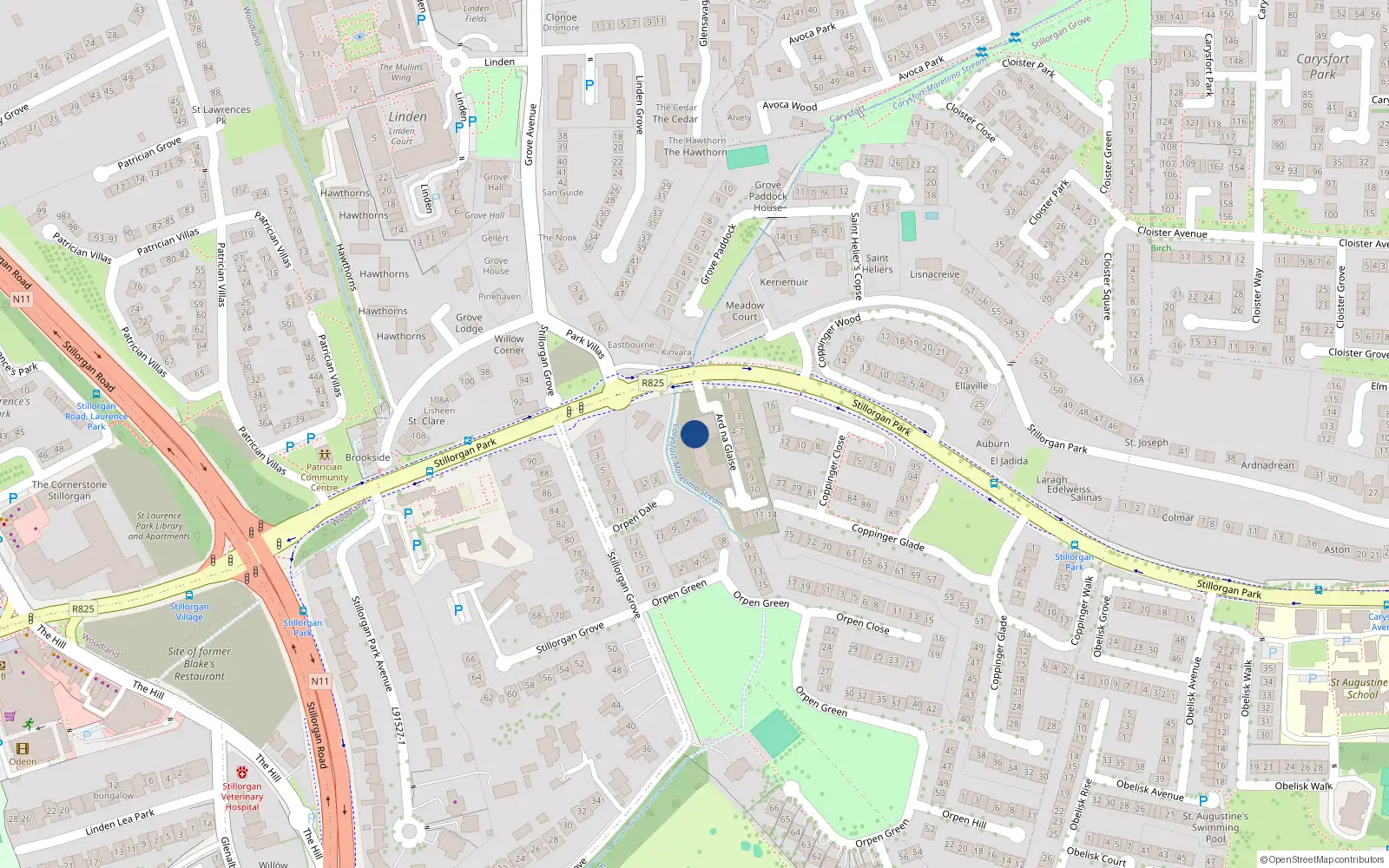 Overhead map showing the location of 1 Ard na Glaise, Stillorgan Park, Stillorgan