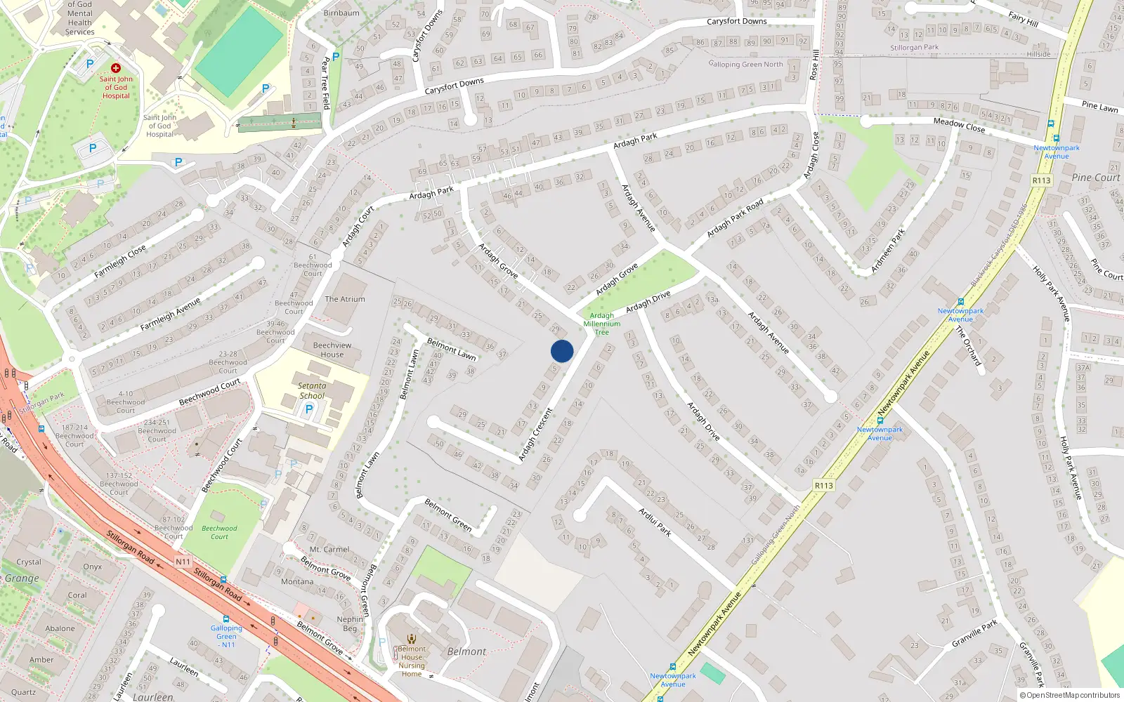 Overhead map showing the location of 1 Ardagh Crescent, Blackrock, Dublin