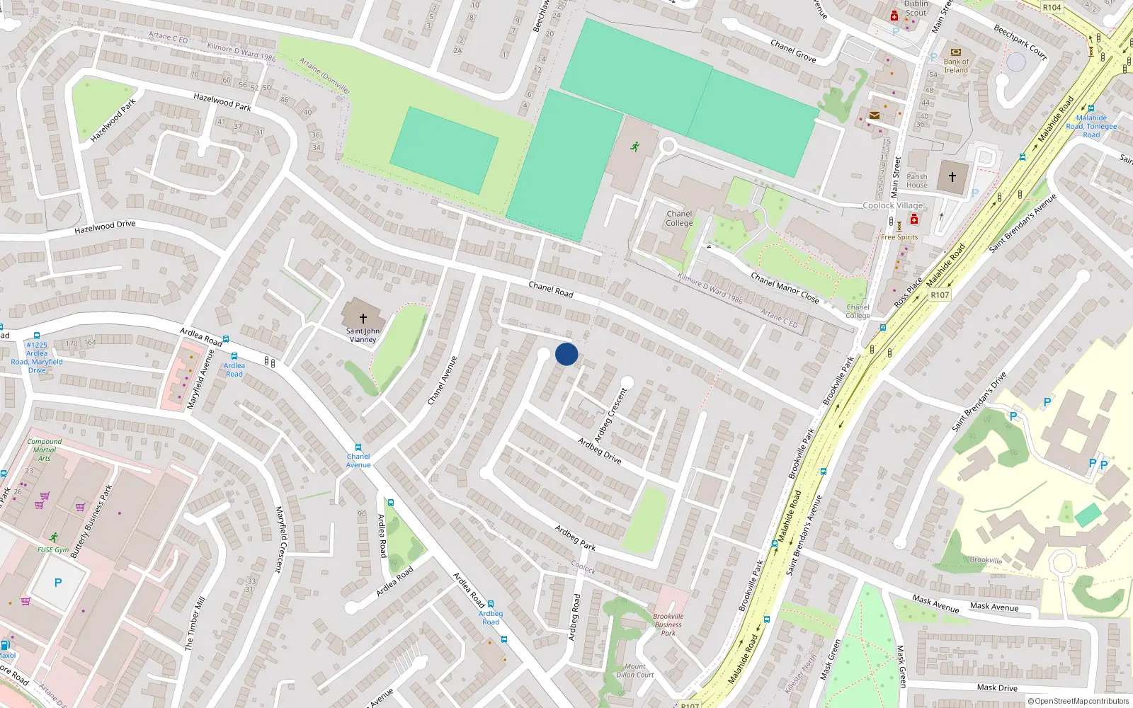 Overhead map showing the location of 1 Ardbeg Park, Artane, Dublin 5