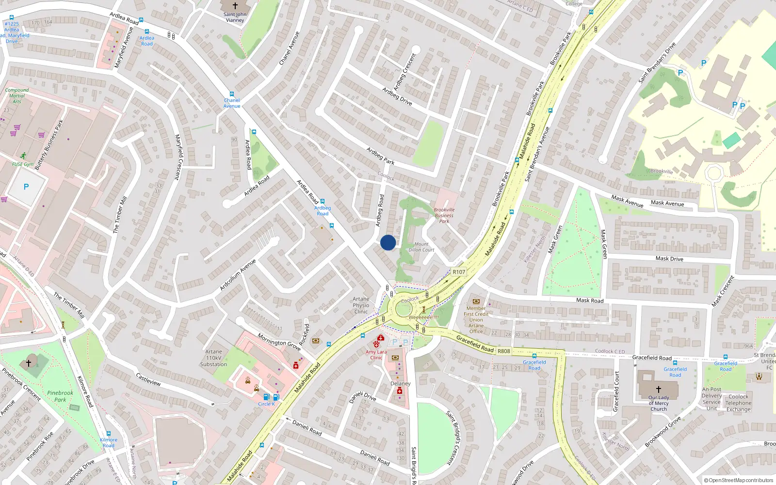 Overhead map showing the location of 1 Ardbeg Road, Artane, Dublin 5