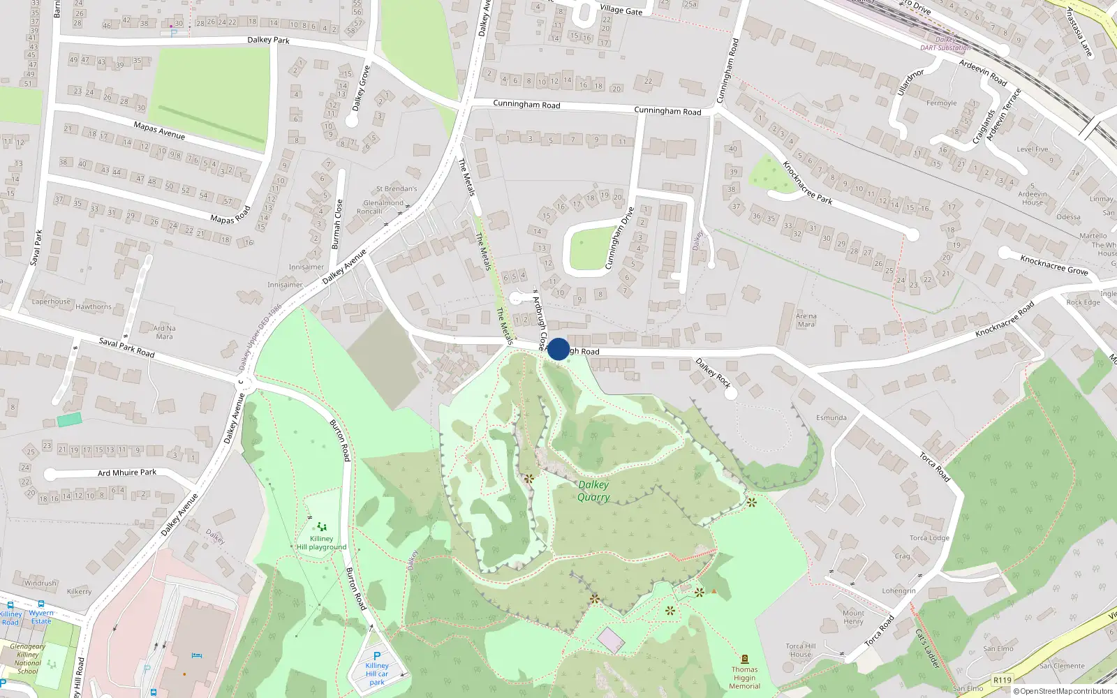 Overhead map showing the location of 1 Ardbrugh Road, Dalkey