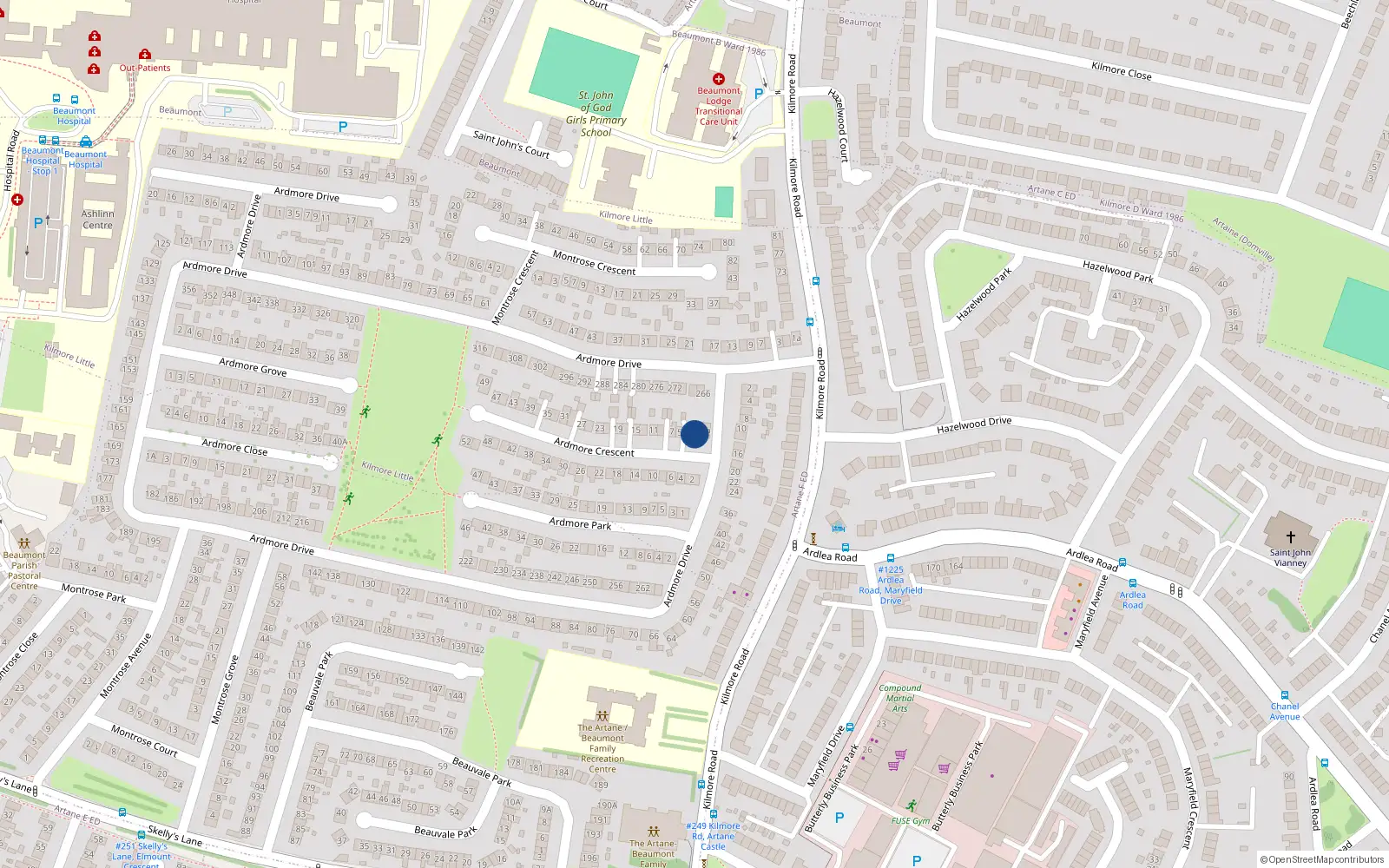 Overhead map showing the location of 1 Ardmore Crescent, Artane, Dublin