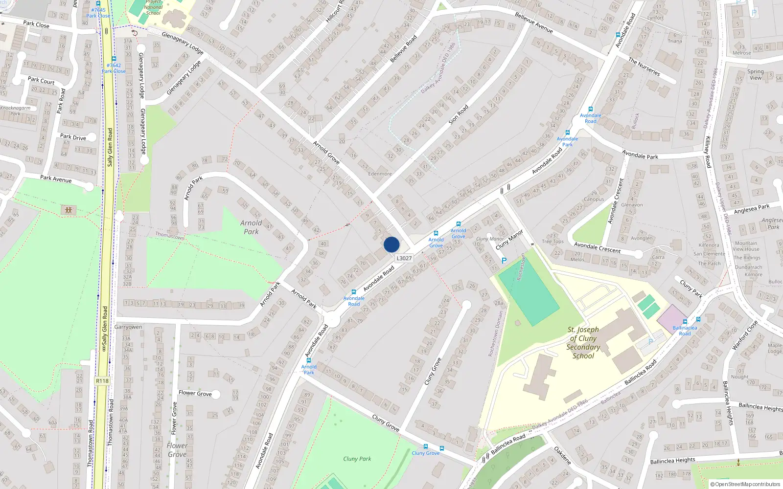 Overhead map showing the location of 1 Arnold Grove, Dublin