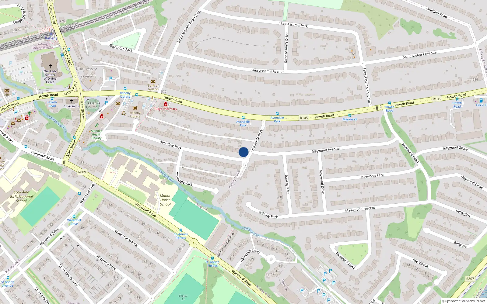 Overhead map showing the location of 1 Avondale Park, Raheny, Dublin