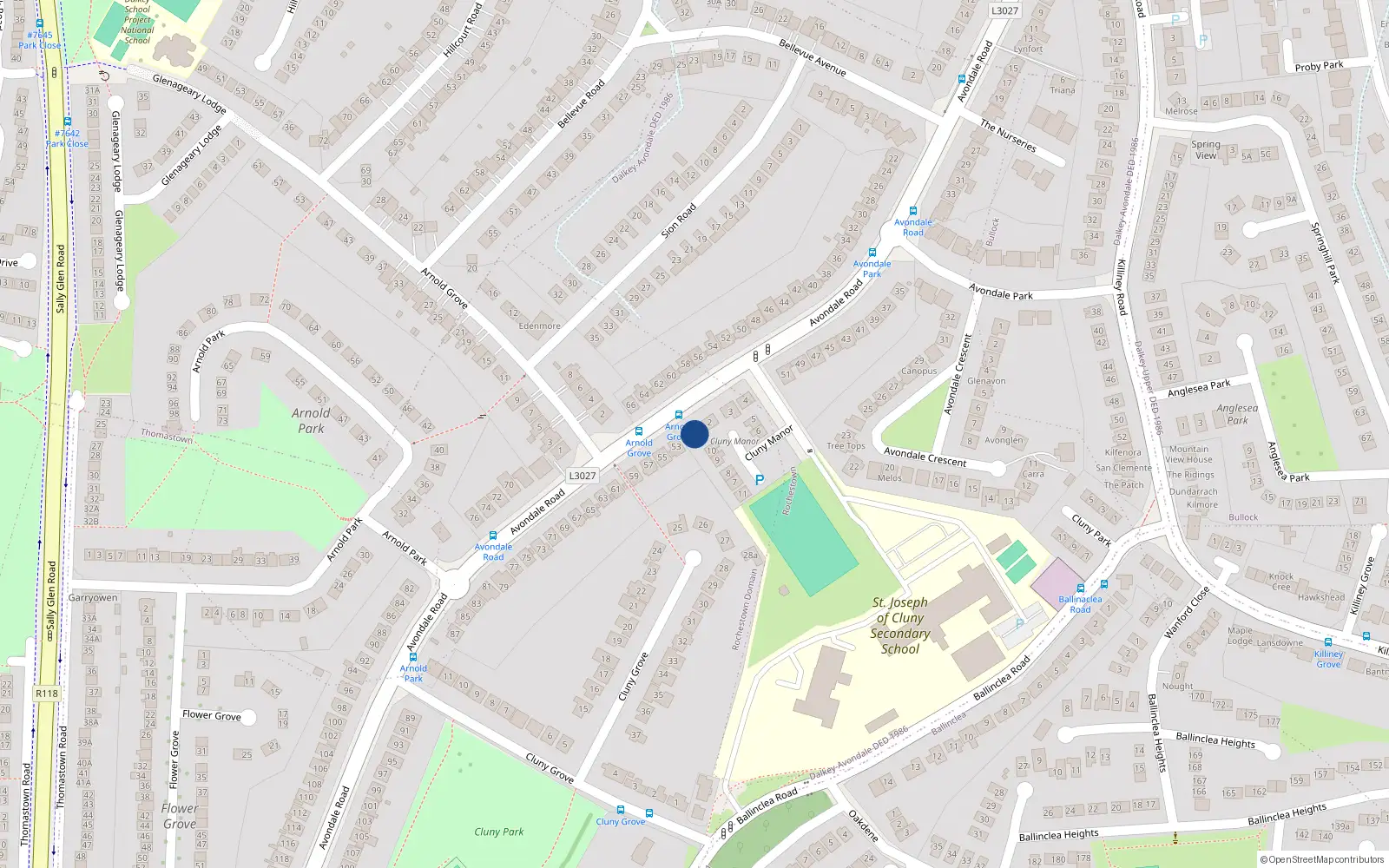 Overhead map showing the location of 1 Avondale Road, Killiney, Dublin