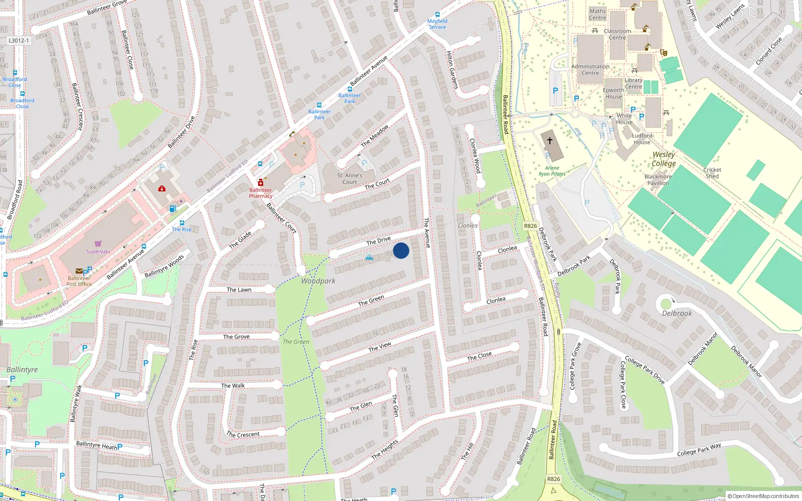 Overhead map showing the location of 1 Ballinteer Drive, Ballinteer