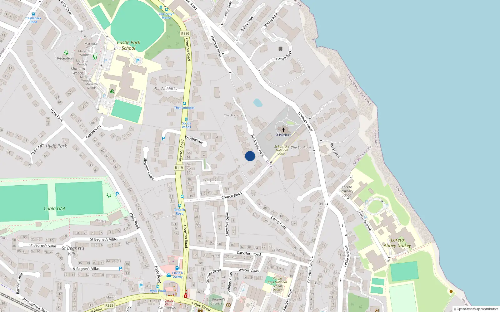 Overhead map showing the location of 1 Barnacoille Park, Dalkey