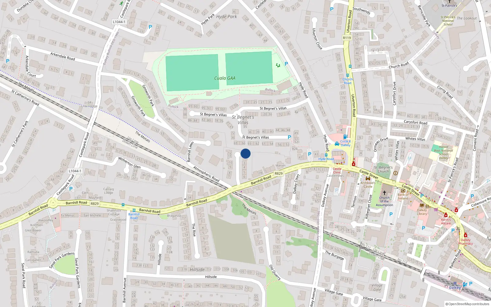 Overhead map showing the location of 1 Barnhill Grove, Dalkey