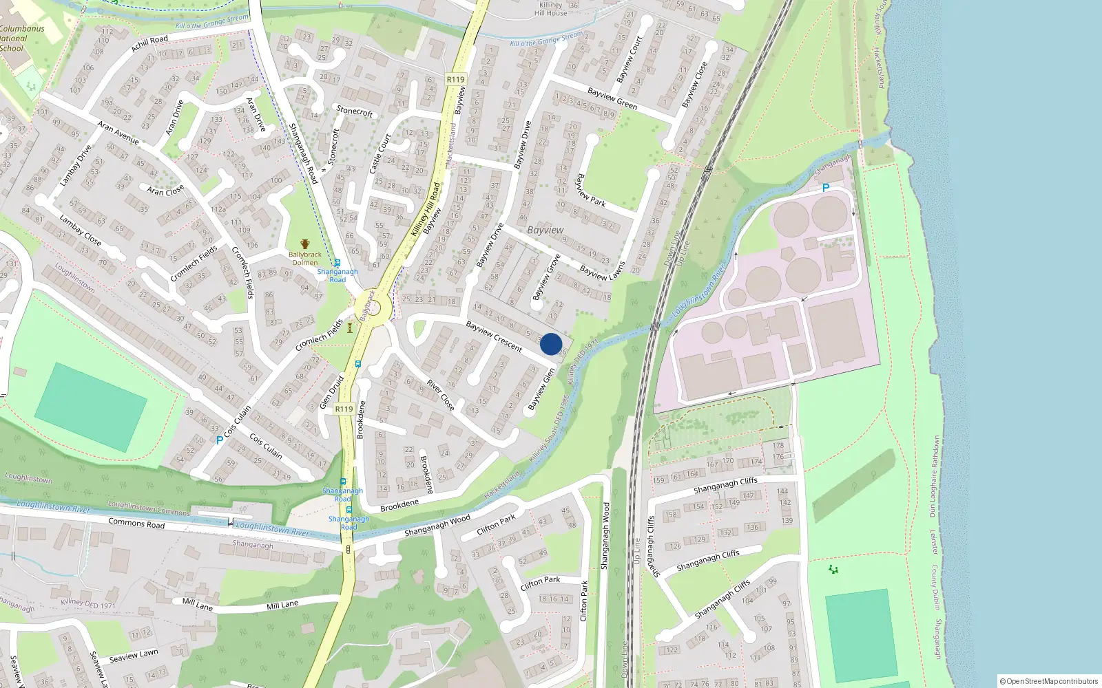 Overhead map showing the location of 1 Bayview Crescent, Killiney