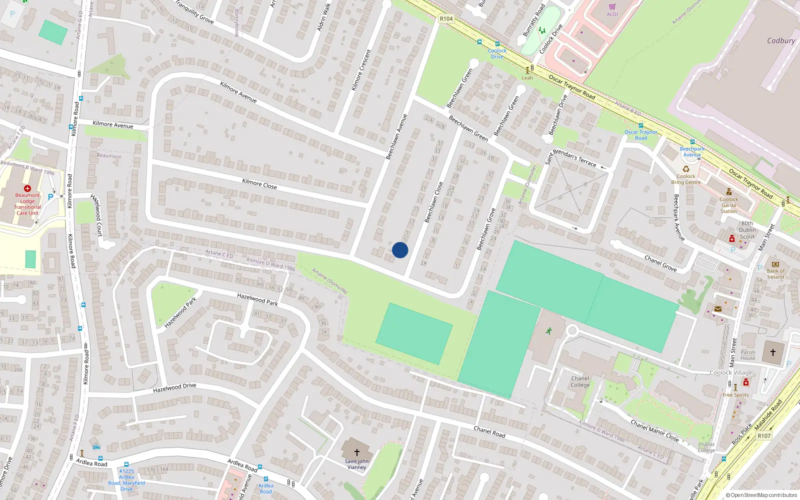 Overhead map showing the location of 1 Beechlawn Close, Dublin 5