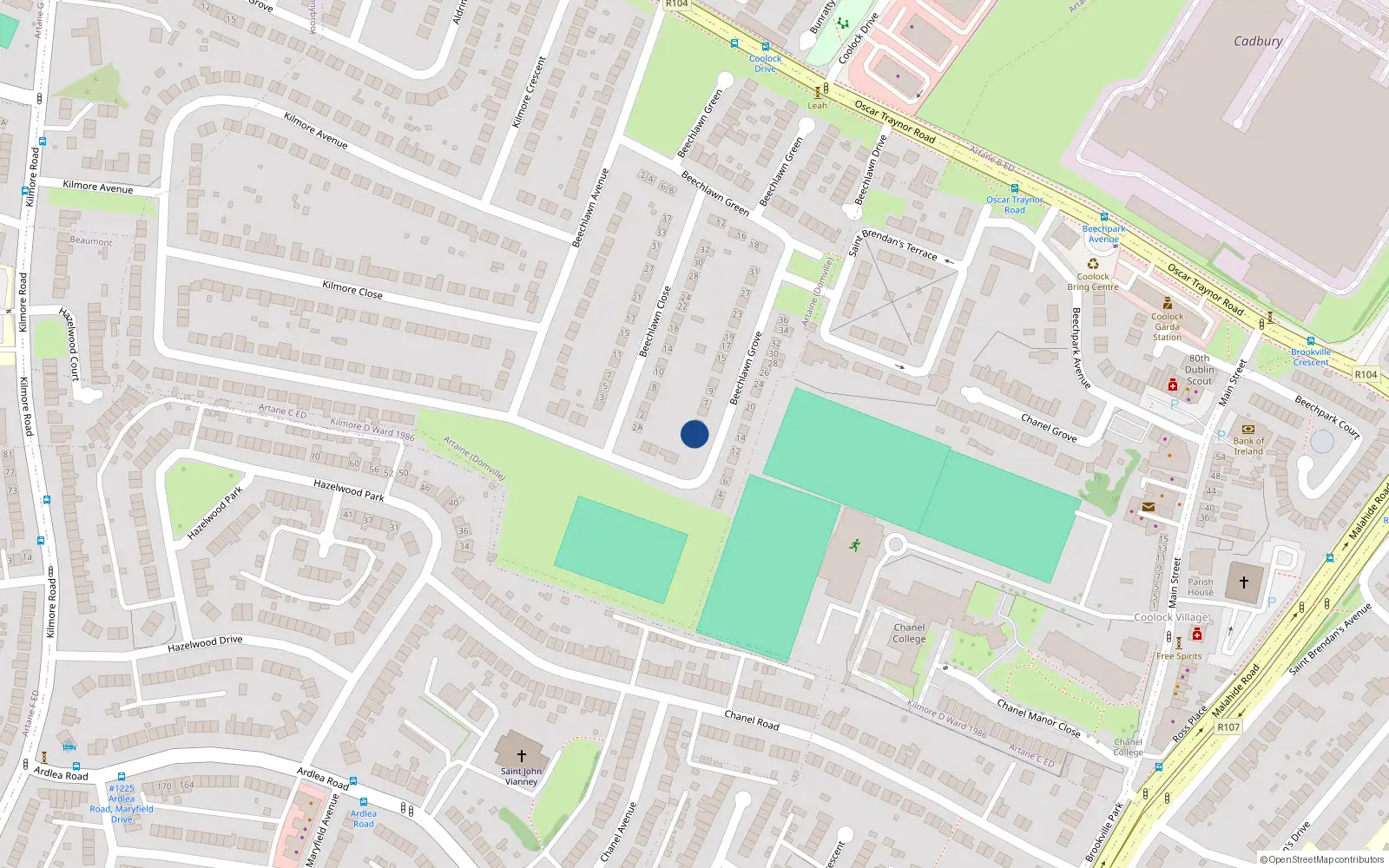 Overhead map showing the location of 1 Beechlawn Grove, Woodville Estate, Artane Dublin 5