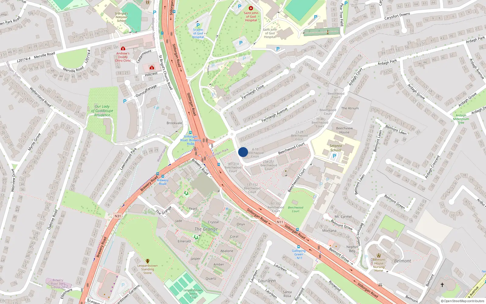 Overhead map showing the location of 1 Beechwood Court, Stillorgan, County Dublin