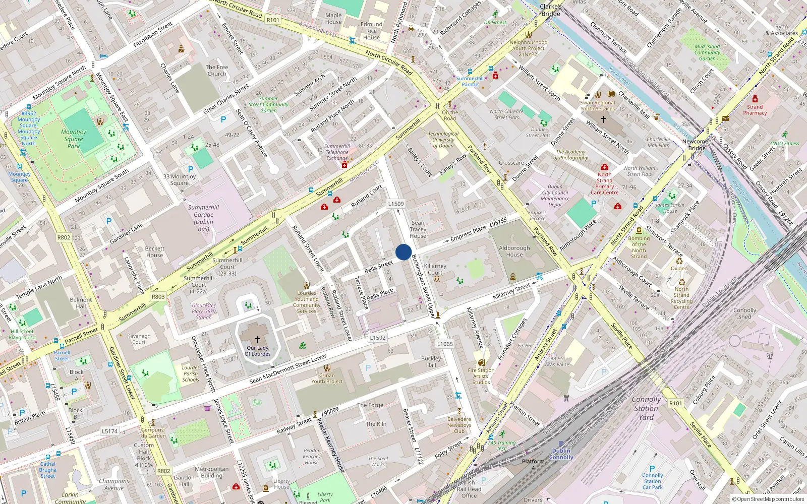Overhead map showing the location of 1 Bella Street, Dublin 1