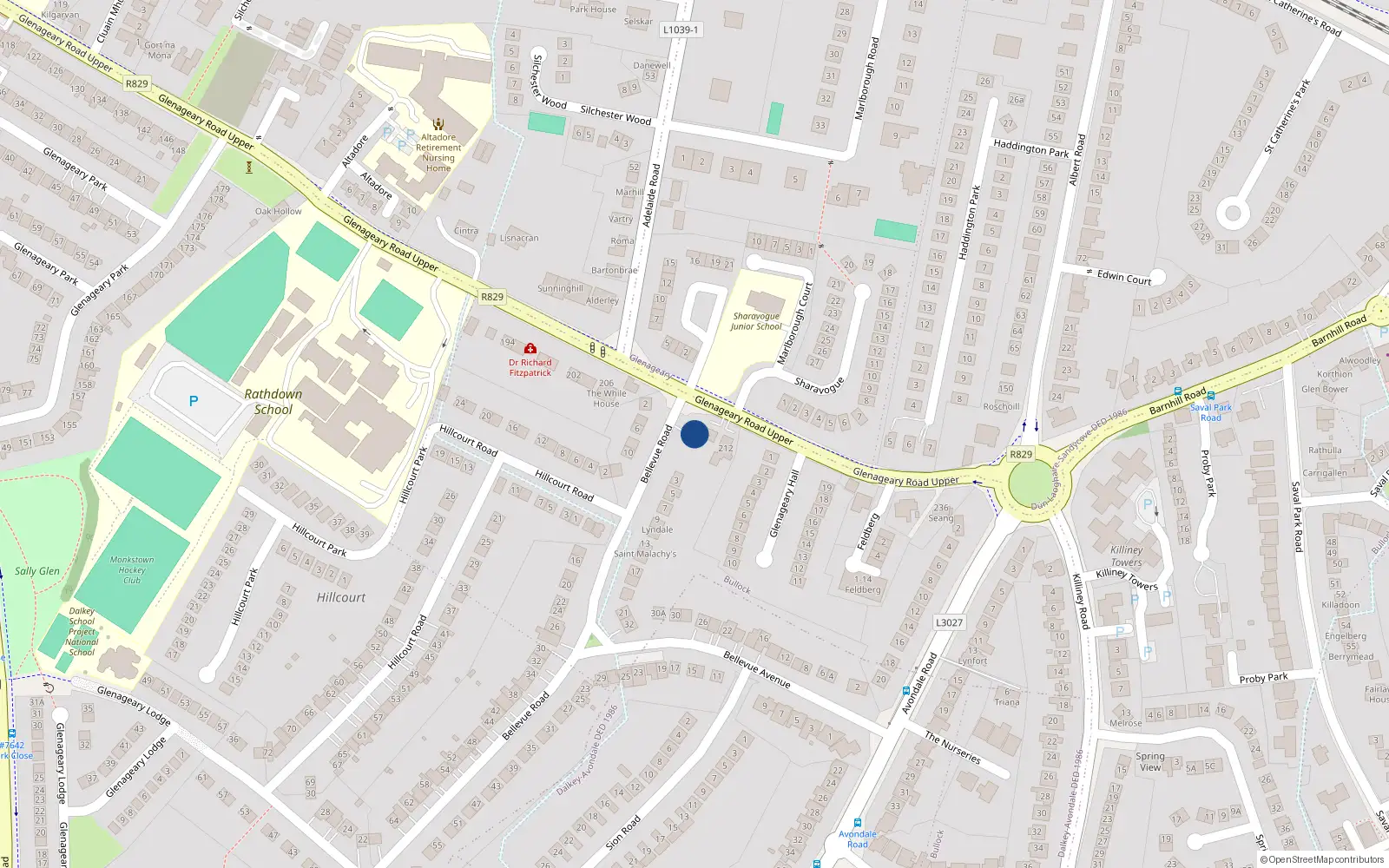 Overhead map showing the location of 1 Bellevue Road, Dublin