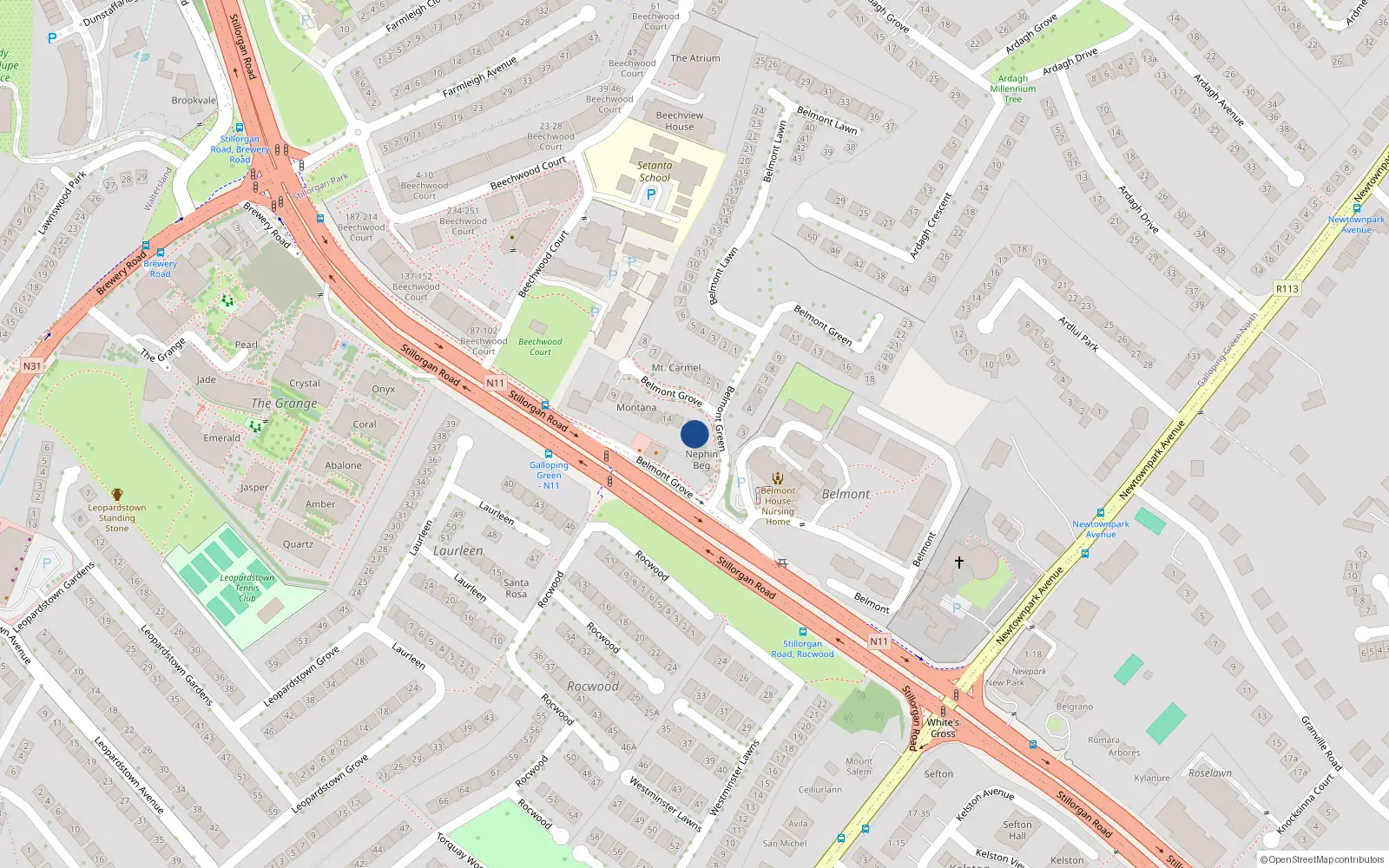 Overhead map showing the location of 1 Belmont Green, Stillorgan