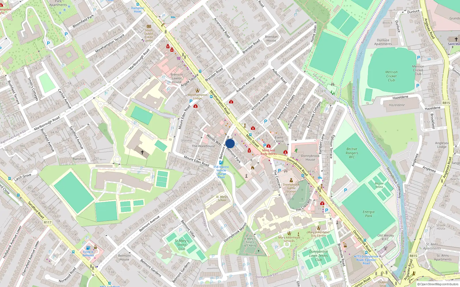 Overhead map showing the location of 1 Belmont Park, Donnybrook