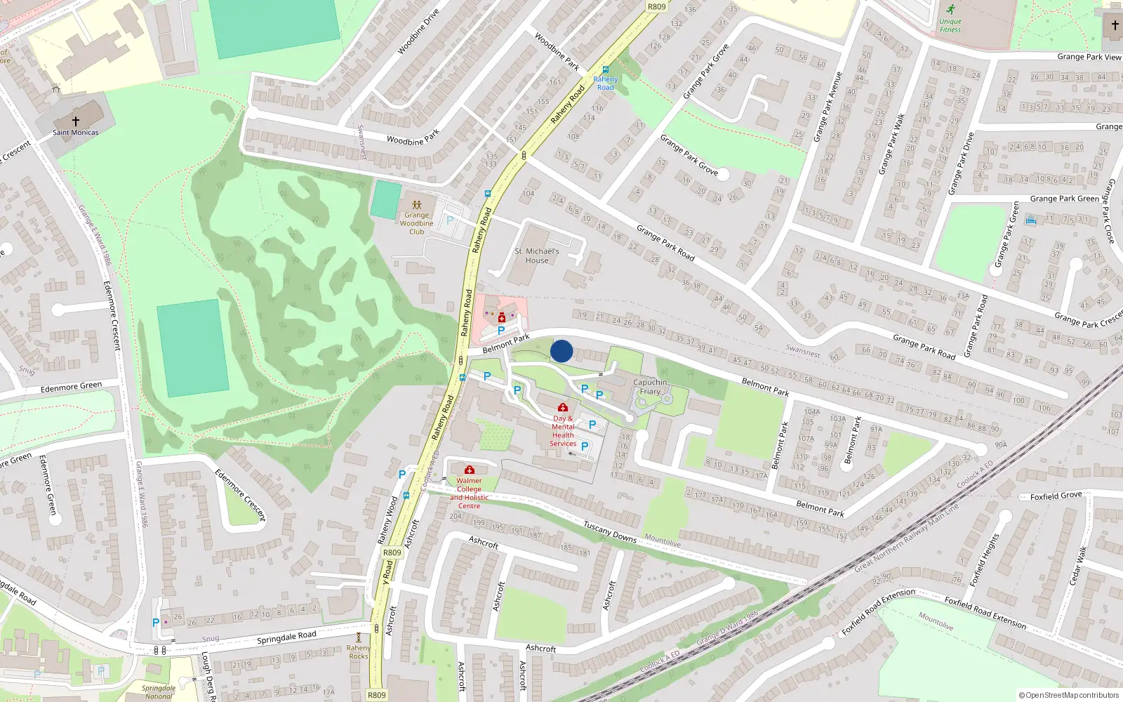 Overhead map showing the location of 1 Belmont Park, Raheny, Dublin 5