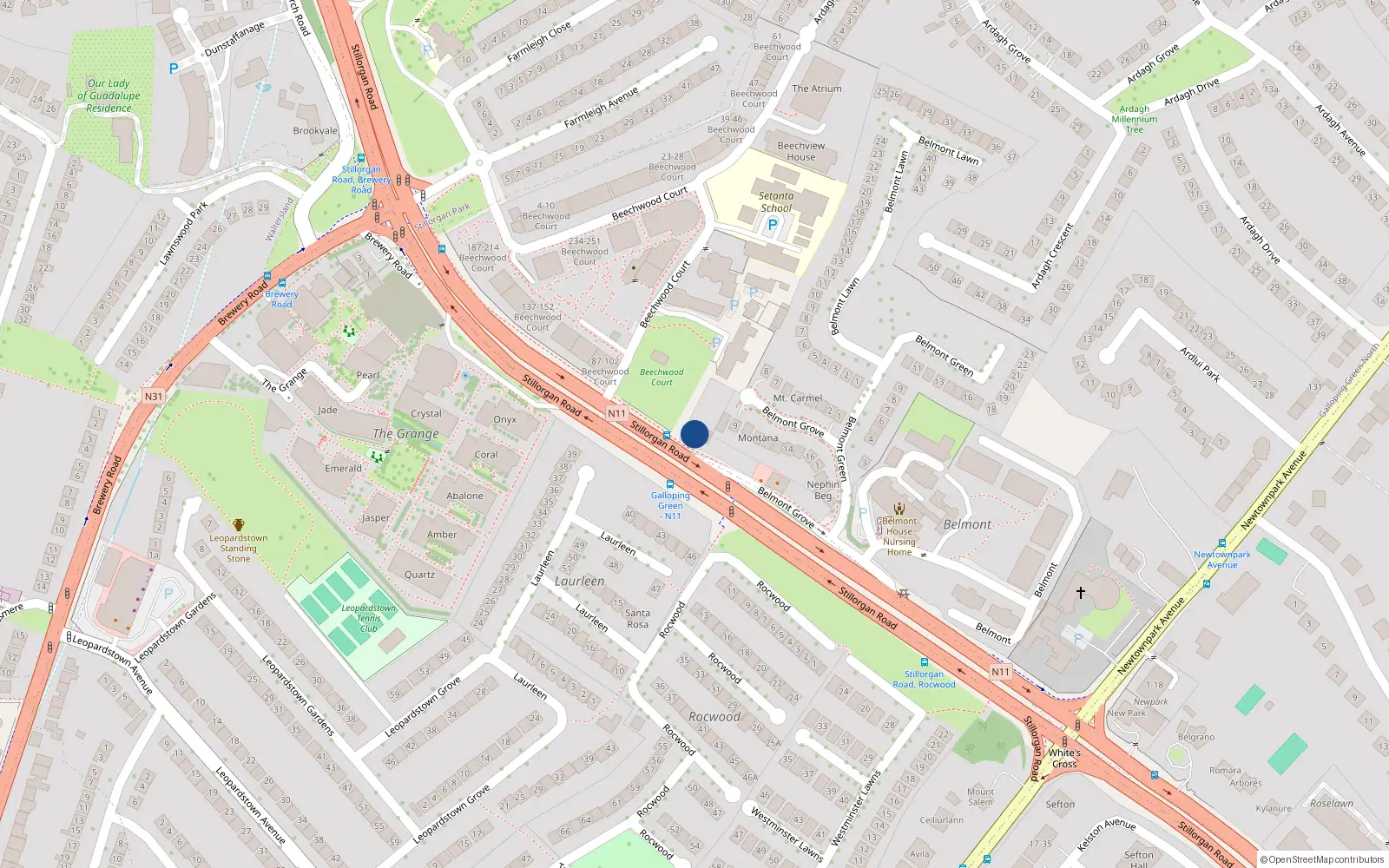 Overhead map showing the location of 1 Belmont Terrace, Blackrock