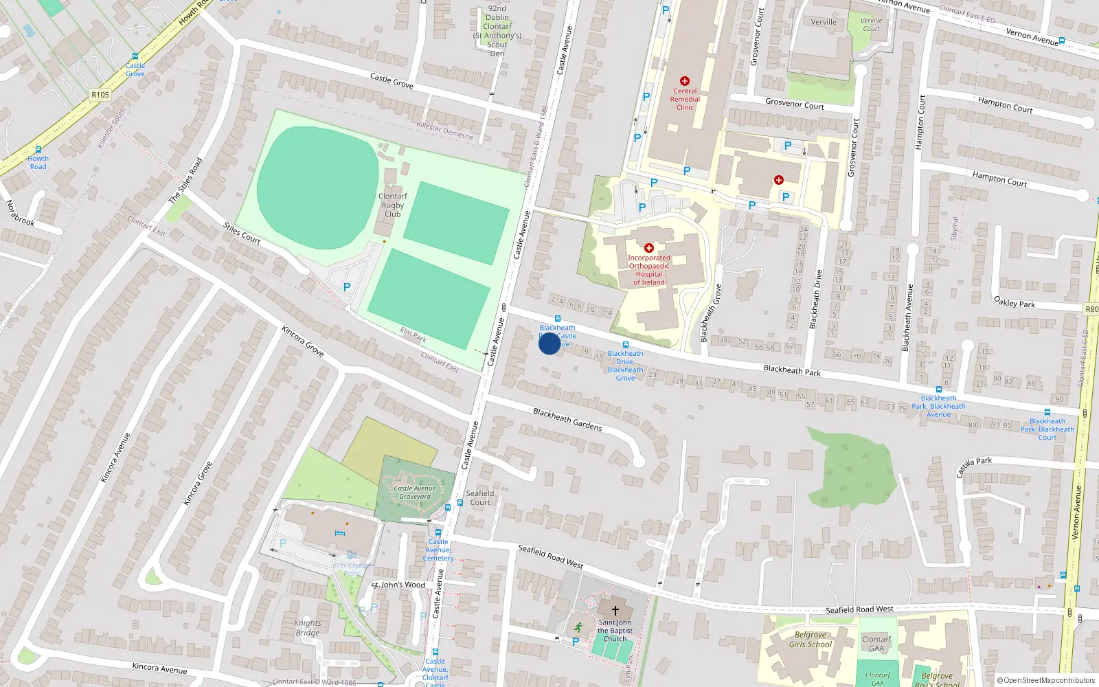 Overhead map showing the location of 1 Blackheath Park, Clontarf, Dublin 3