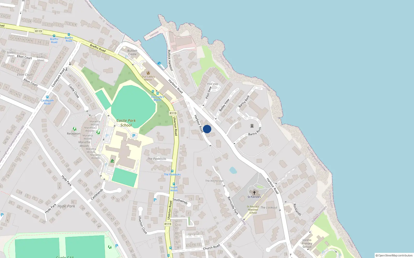 Overhead map showing the location of 1 Bloyke, Harbour Road, Dalkey