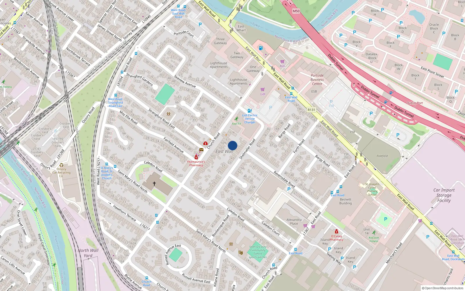 Overhead map showing the location of 1 Bolands Cottages, Church Road, East Wall Dublin 3