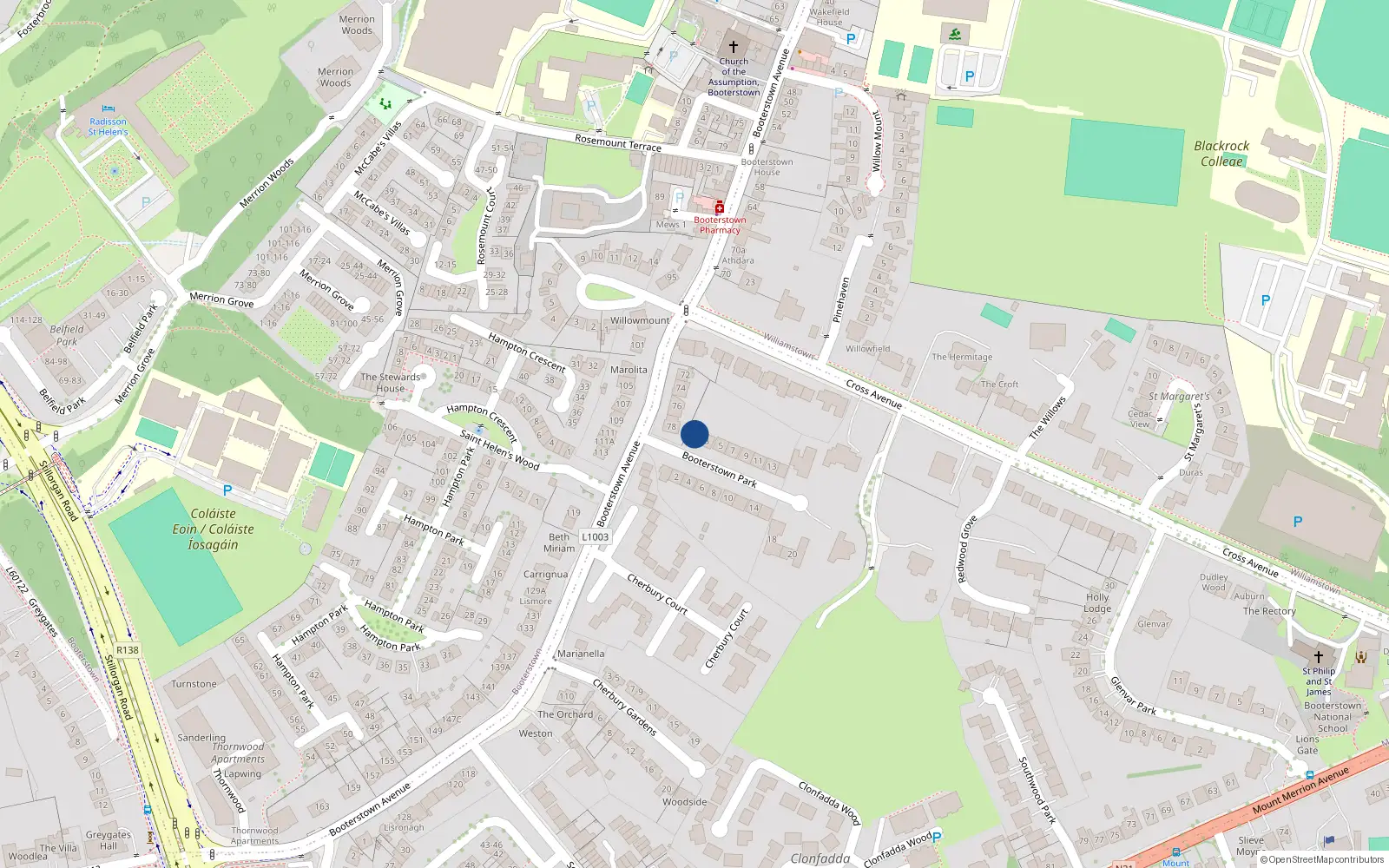 Overhead map showing the location of 1 Booterstown Park, Co. Dublin