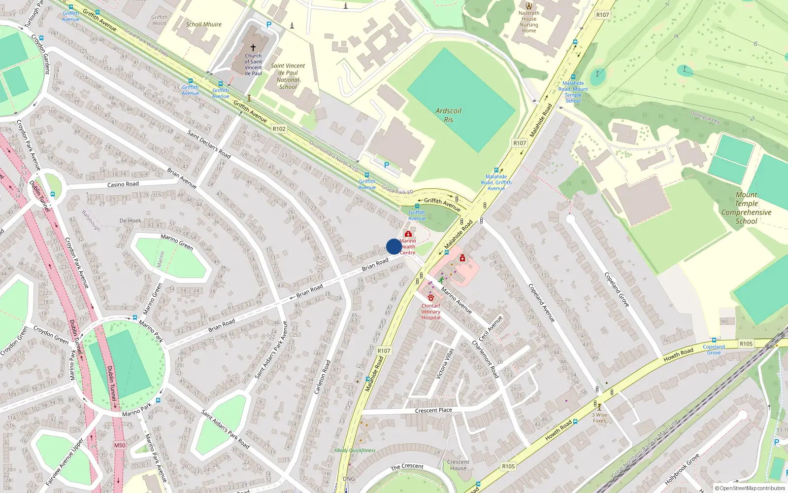 Overhead map showing the location of 1 Brian Road, Marino, Dublin 3