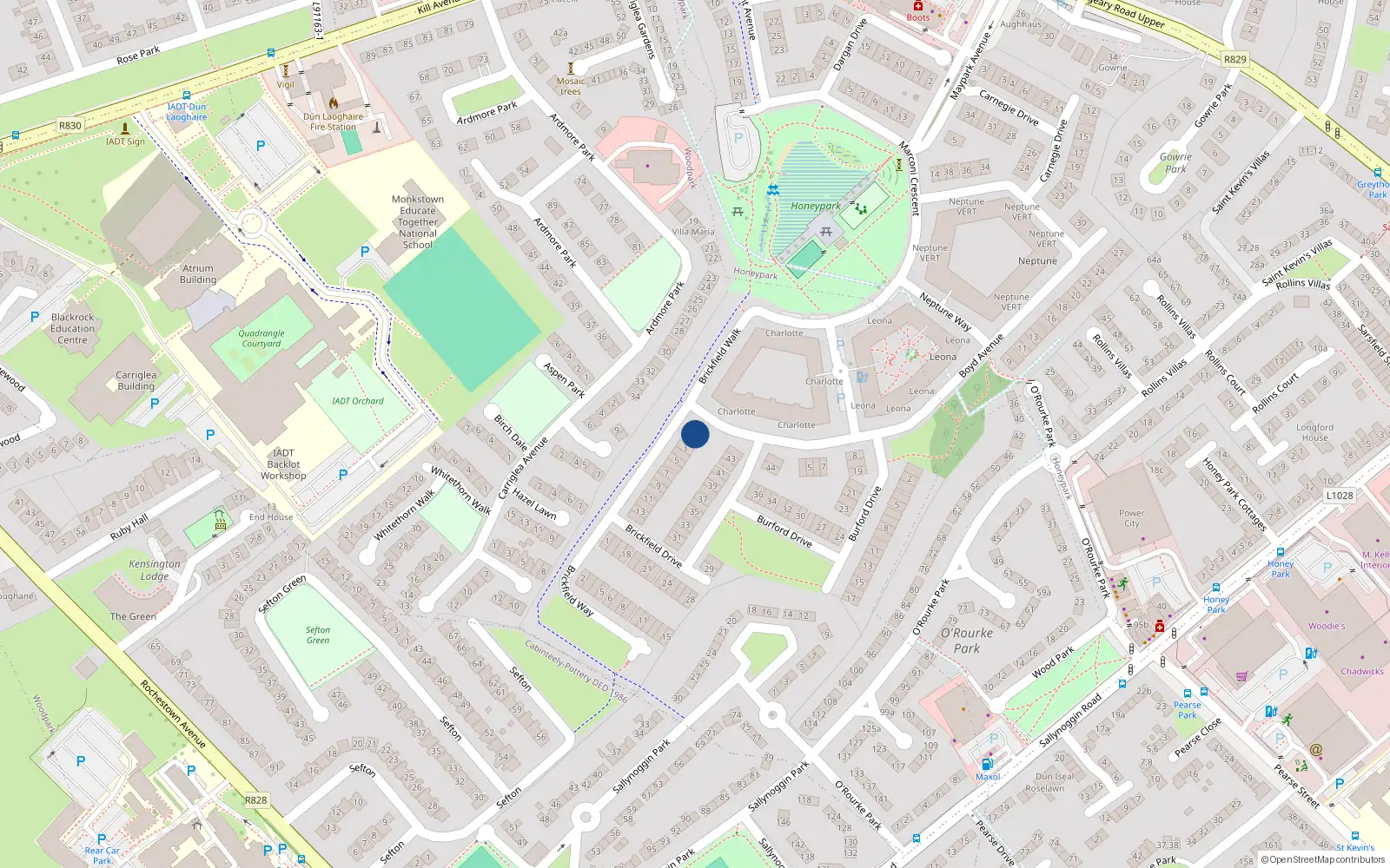 Overhead map showing the location of 1 Brickfield Drive, Honeypark, Dunlaoghaire